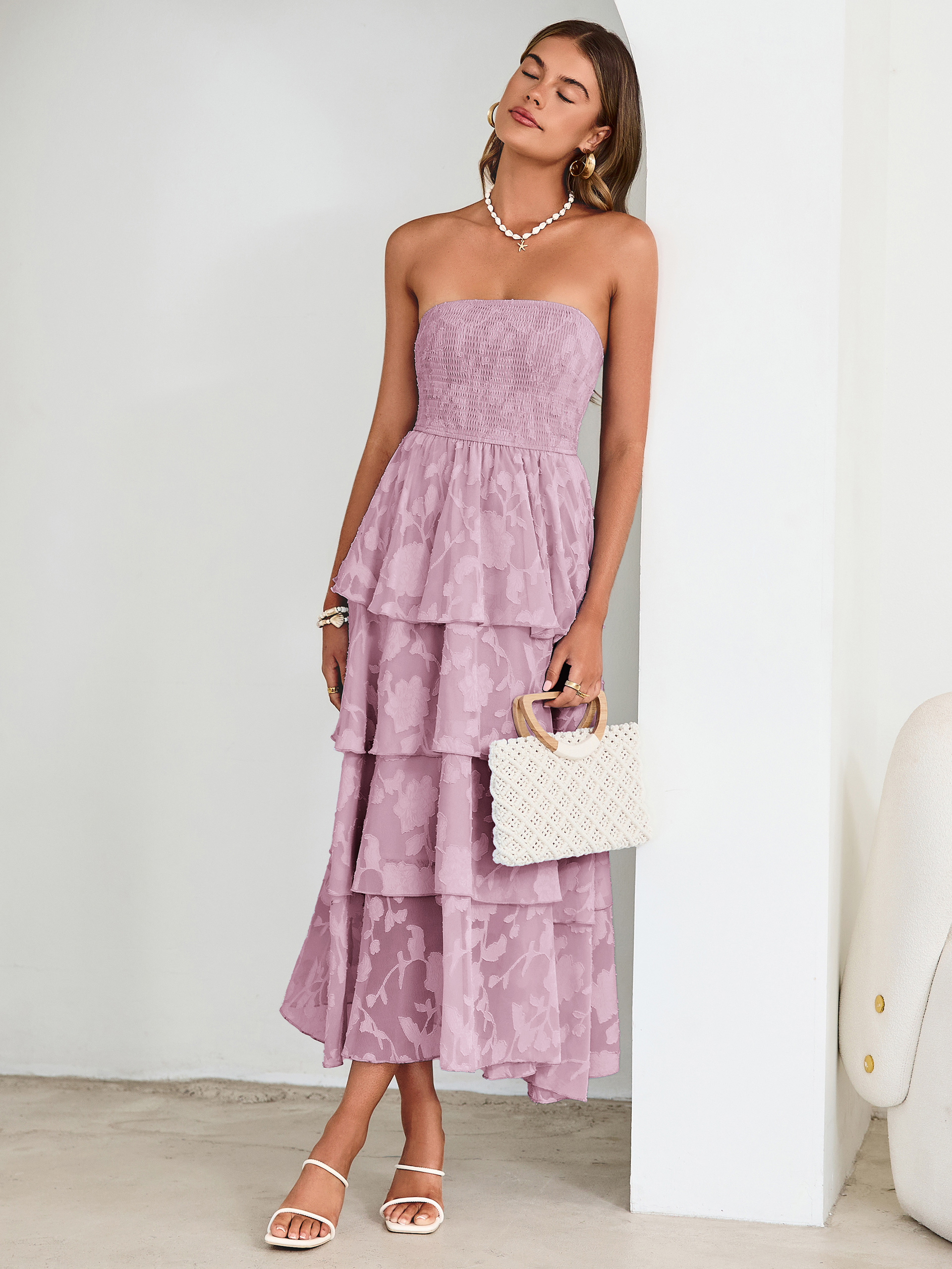 Floral Strapless Smocked Tiered Maxi Dress