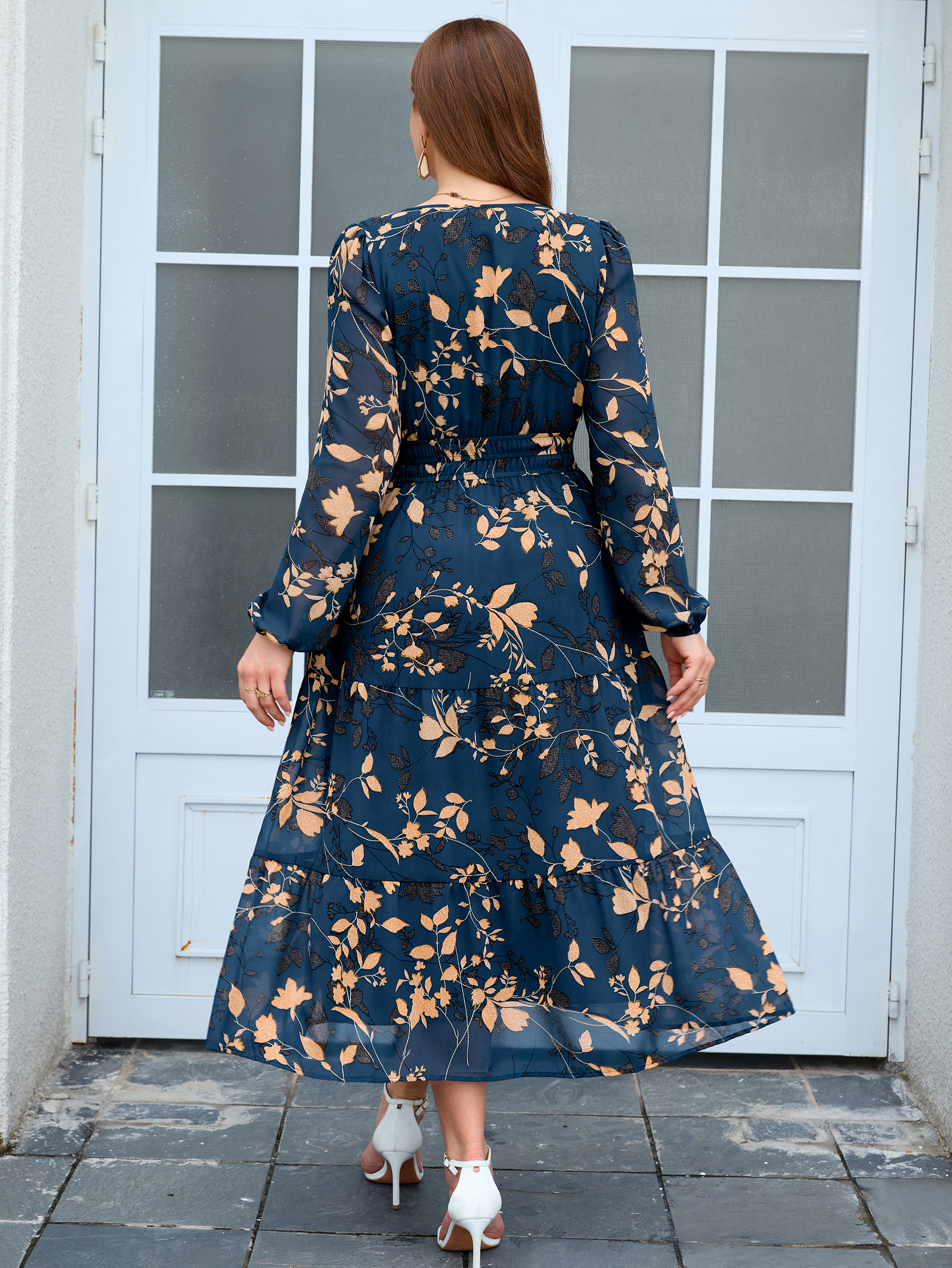Plus Size V-Neck Long Sleeve Floral Chiffon Maxi Dress