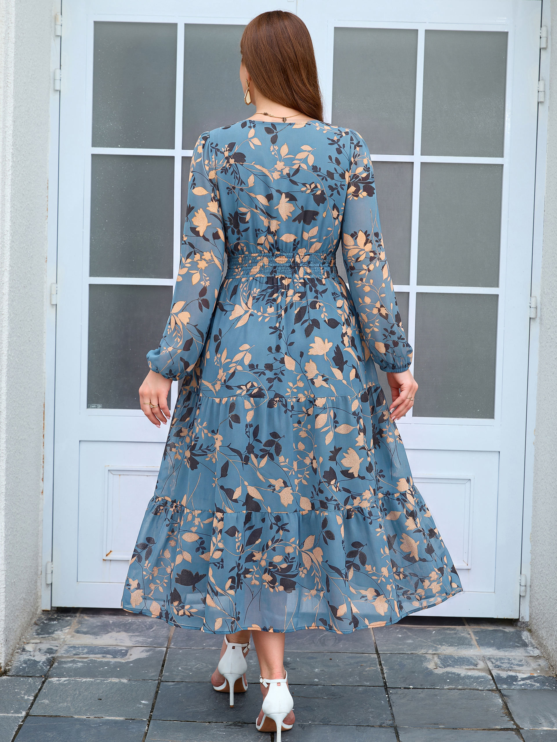 Plus Size V-Neck Long Sleeve Floral Chiffon Maxi Dress
