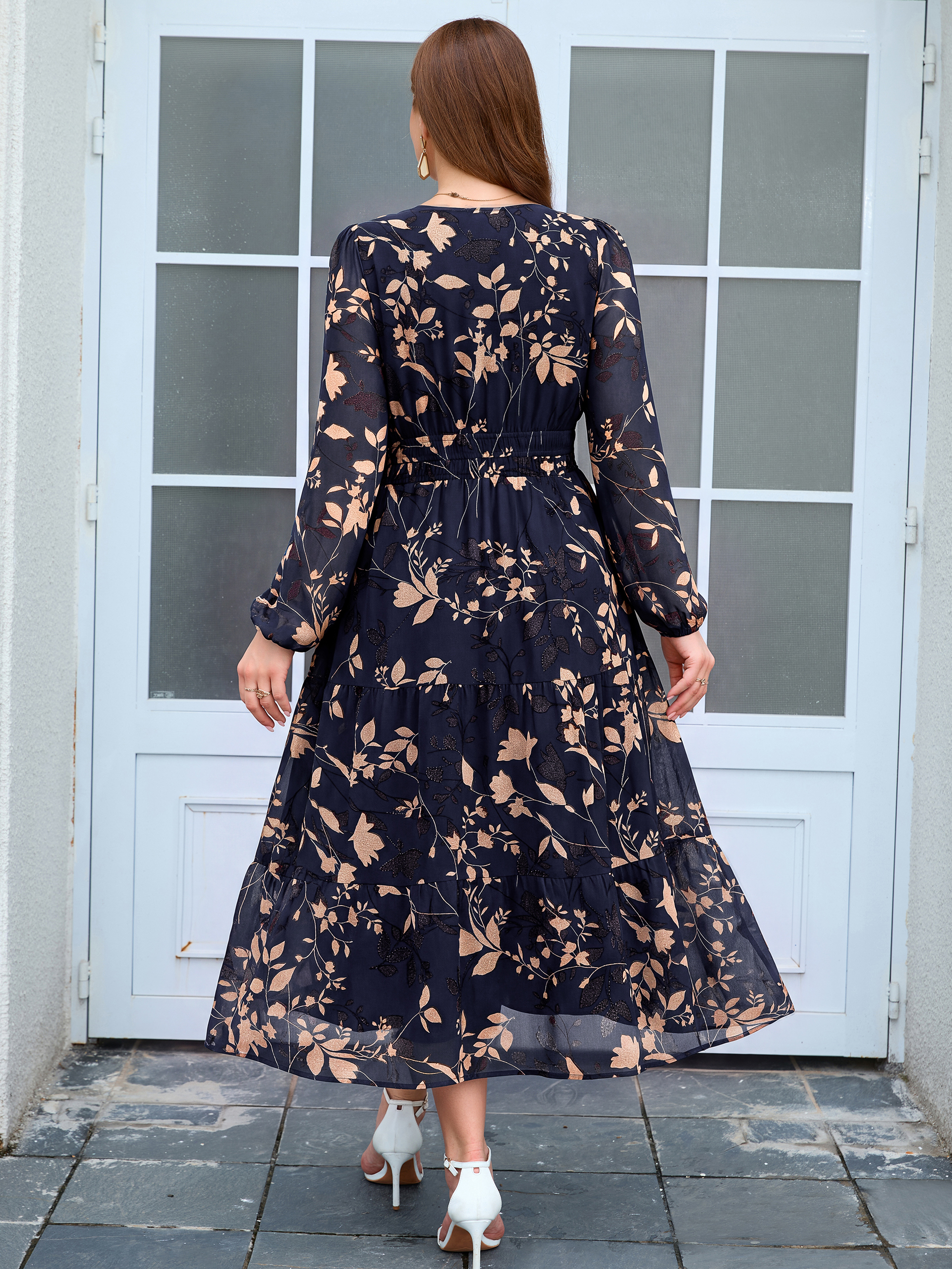 Plus Size V-Neck Long Sleeve Floral Chiffon Maxi Dress