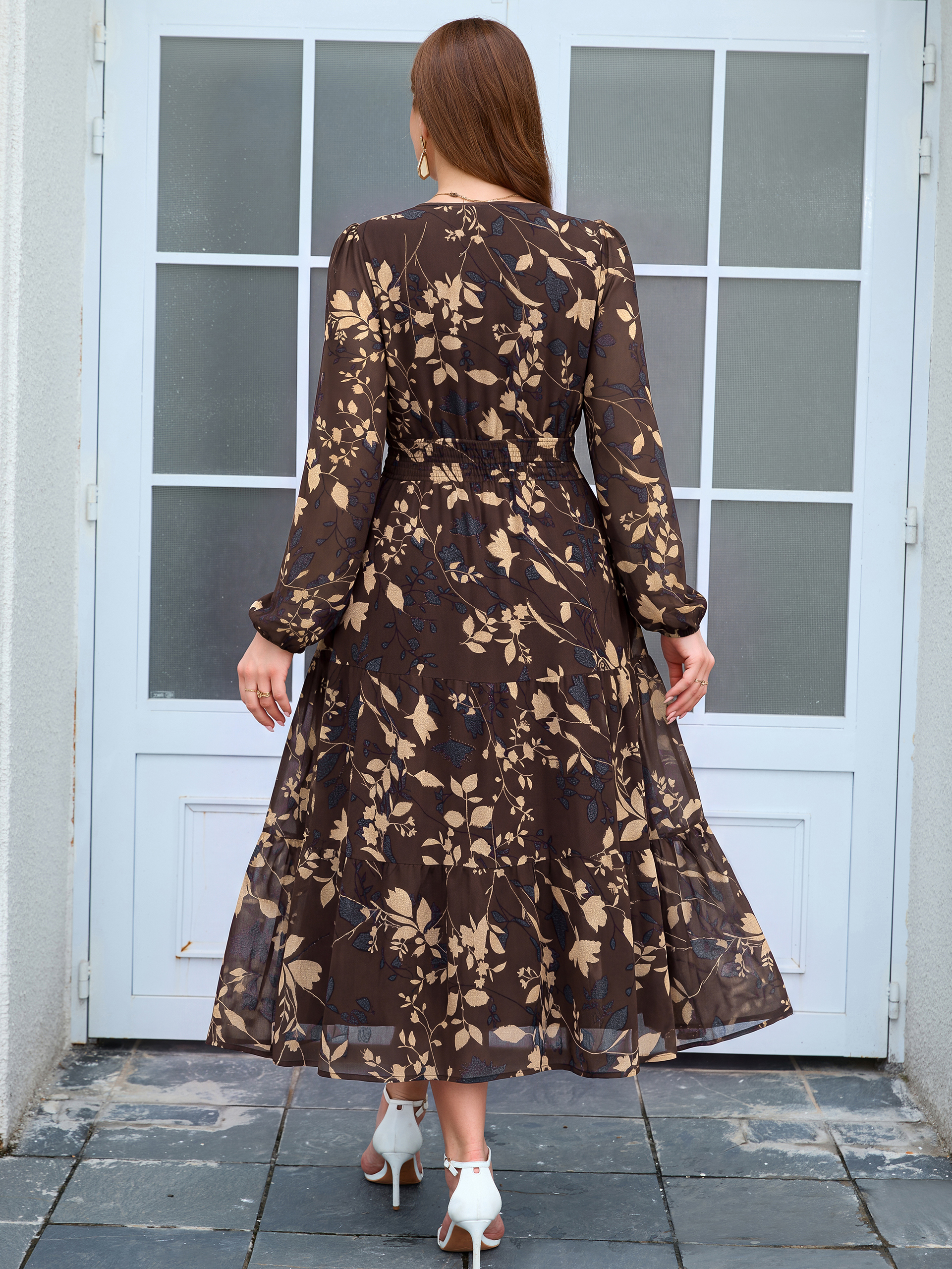 Plus Size V-Neck Long Sleeve Floral Chiffon Maxi Dress
