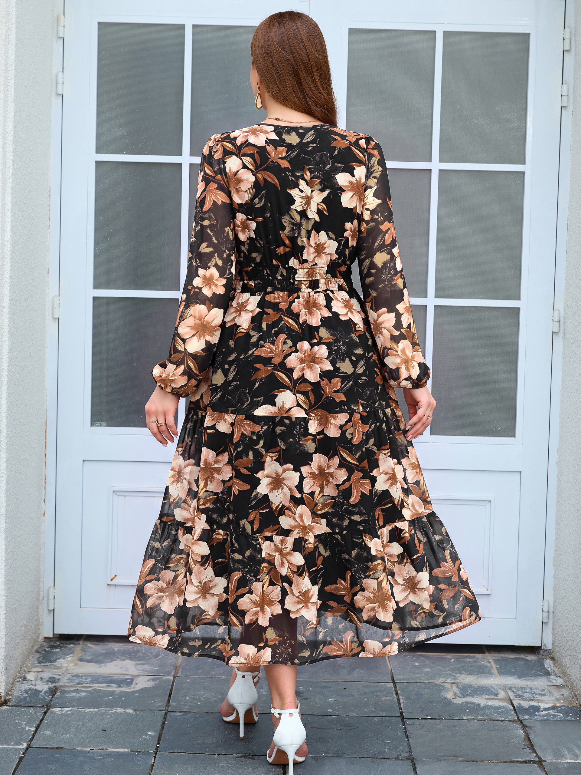 Plus Size V-Neck Long Sleeve Floral Chiffon Maxi Dress