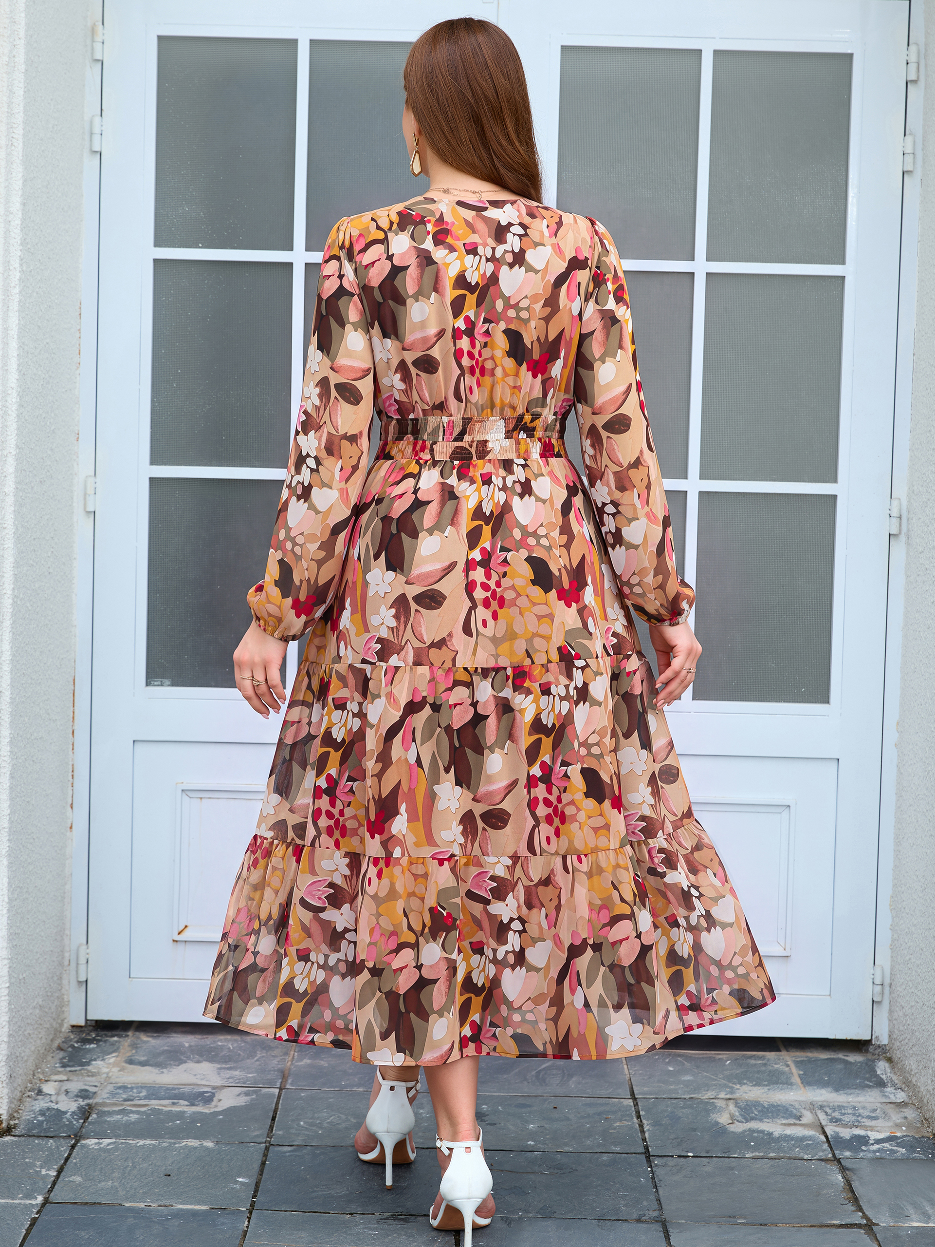 Plus Size V-Neck Long Sleeve Floral Chiffon Maxi Dress