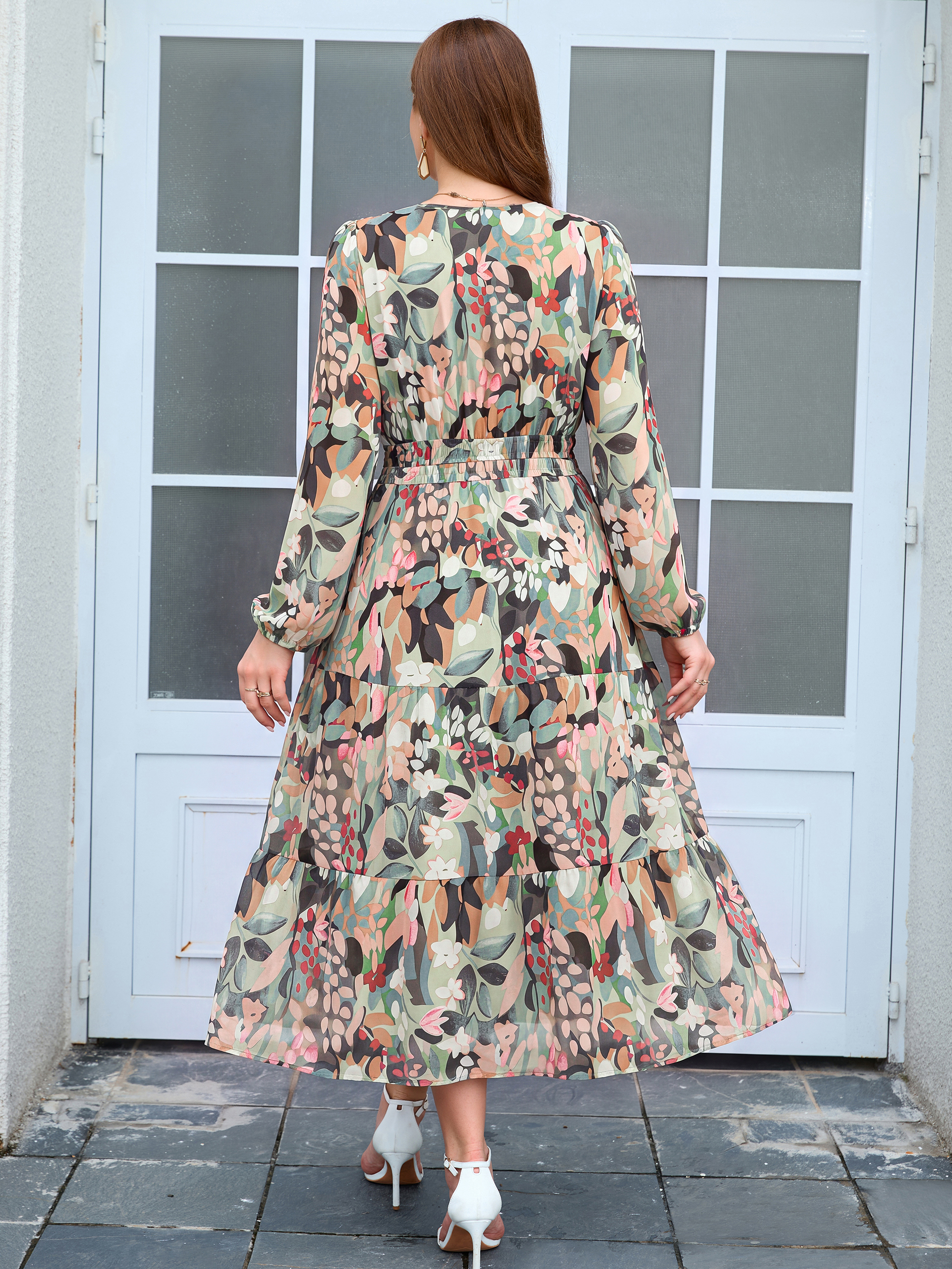 Plus Size V-Neck Long Sleeve Floral Chiffon Maxi Dress