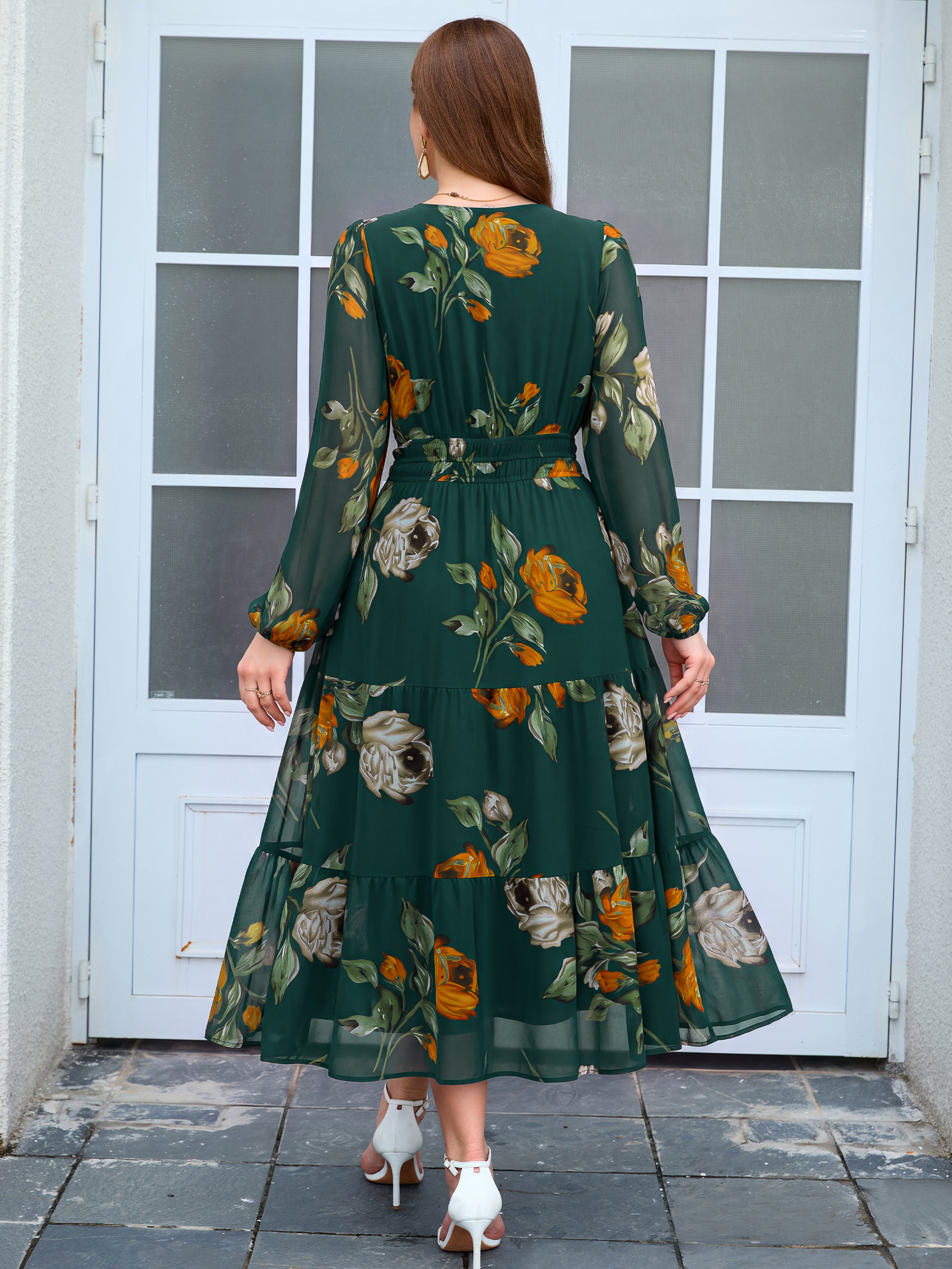 Plus Size V-Neck Long Sleeve Floral Chiffon Maxi Dress