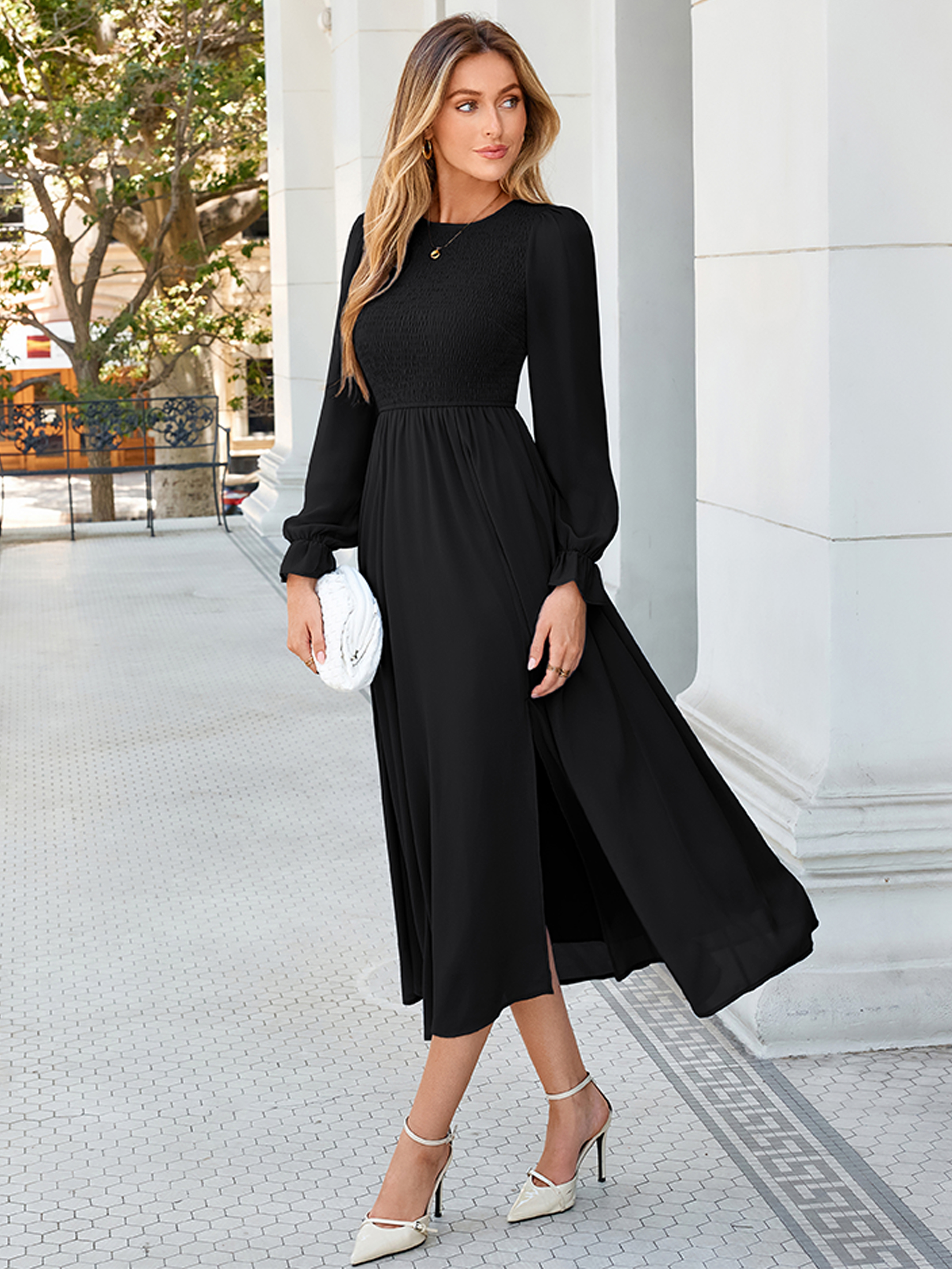 Smocked Bodice Crew Neck Long Sleeve Chiffon Maxi Dress