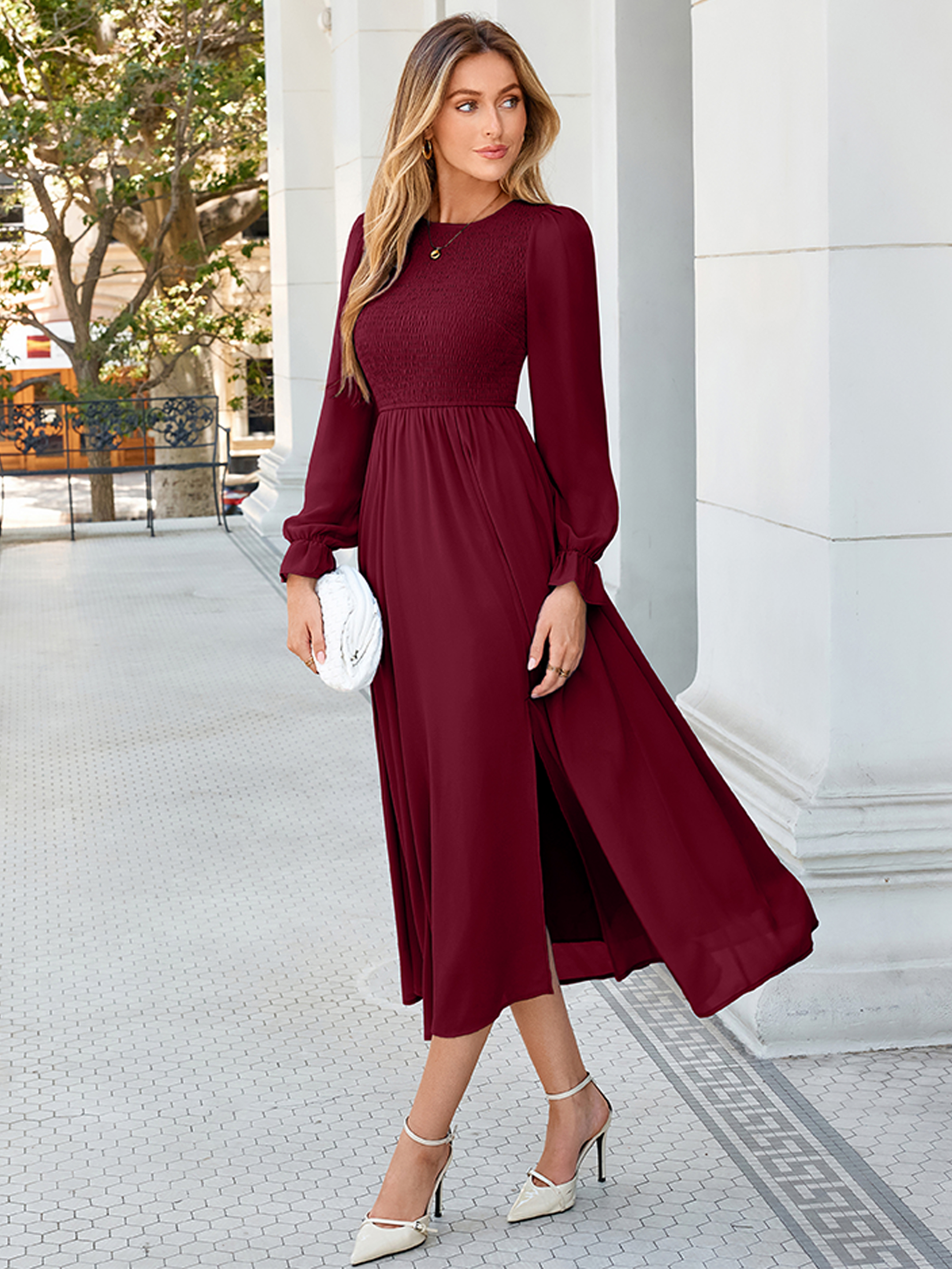 Smocked Bodice Crew Neck Long Sleeve Chiffon Maxi Dress