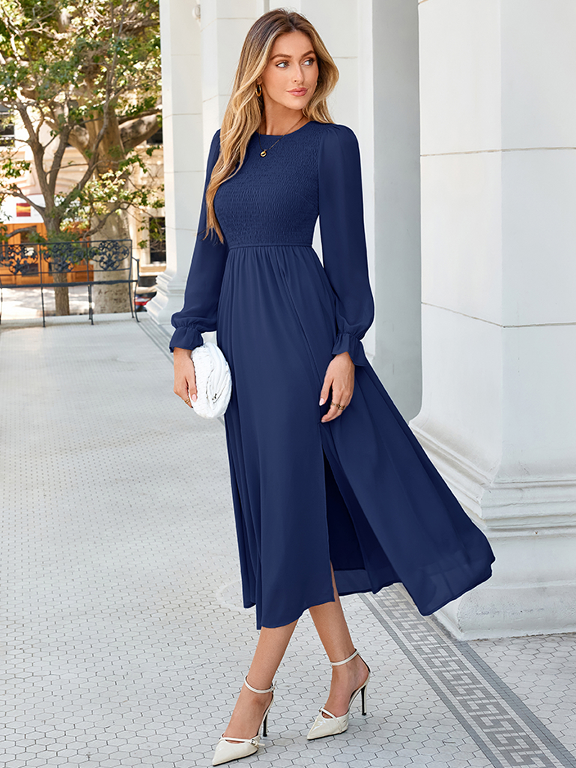 Smocked Bodice Crew Neck Long Sleeve Chiffon Maxi Dress