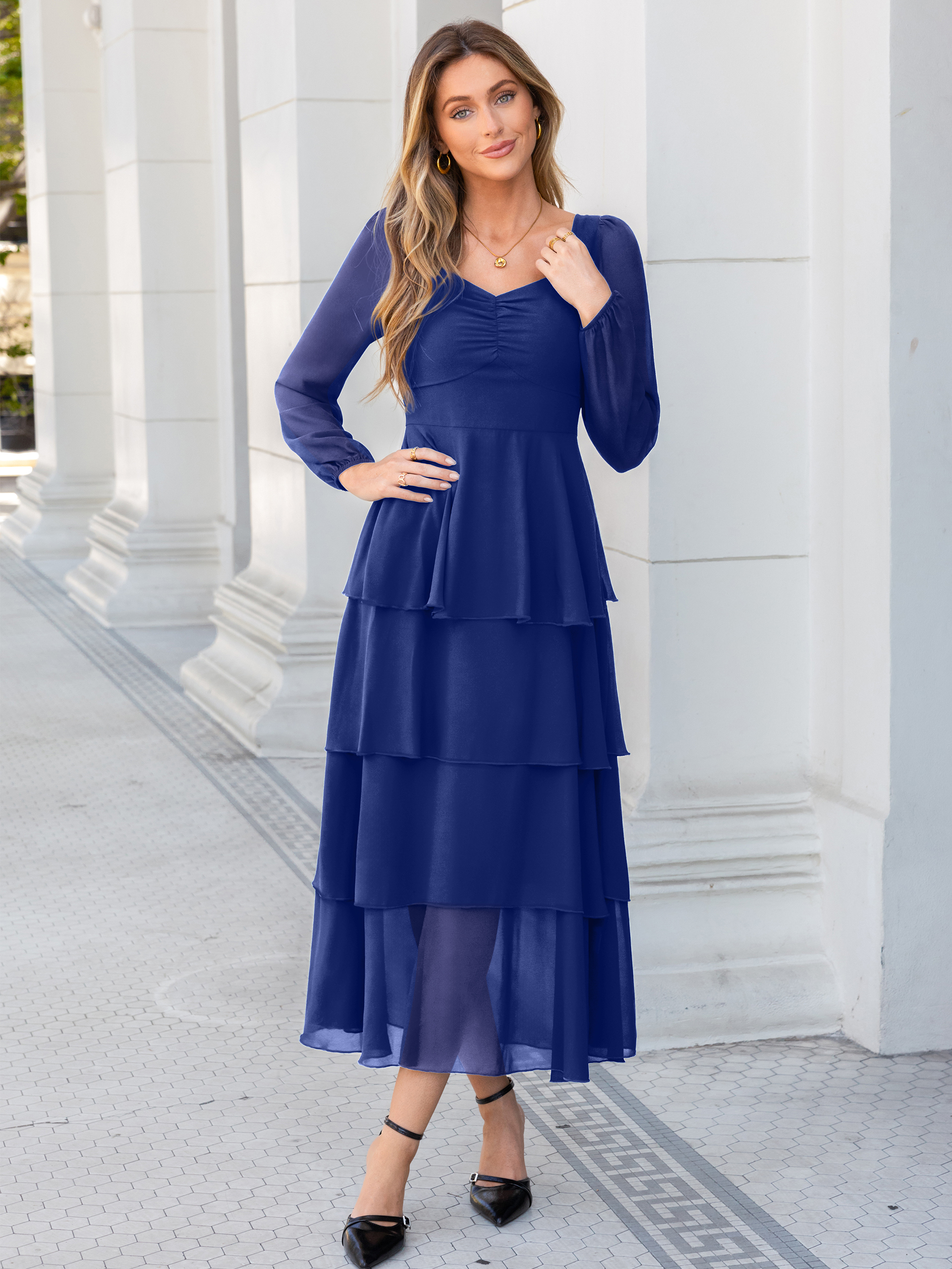 Sweetheart Ruched Long Sleeve Tiered Chiffon Maxi Dress - Blue