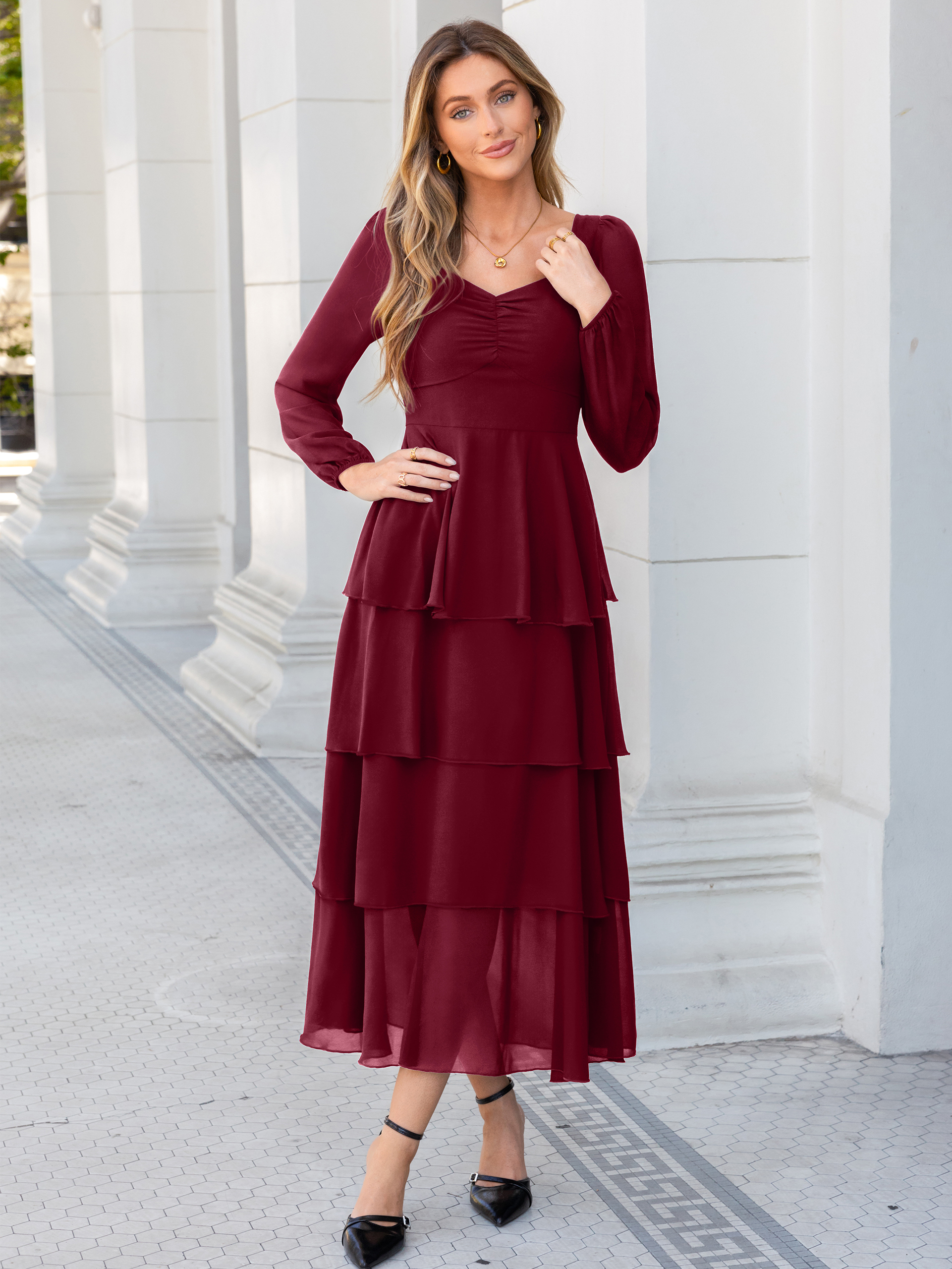 Sweetheart Ruched Long Sleeve Tiered Chiffon Maxi Dress - Wine Red