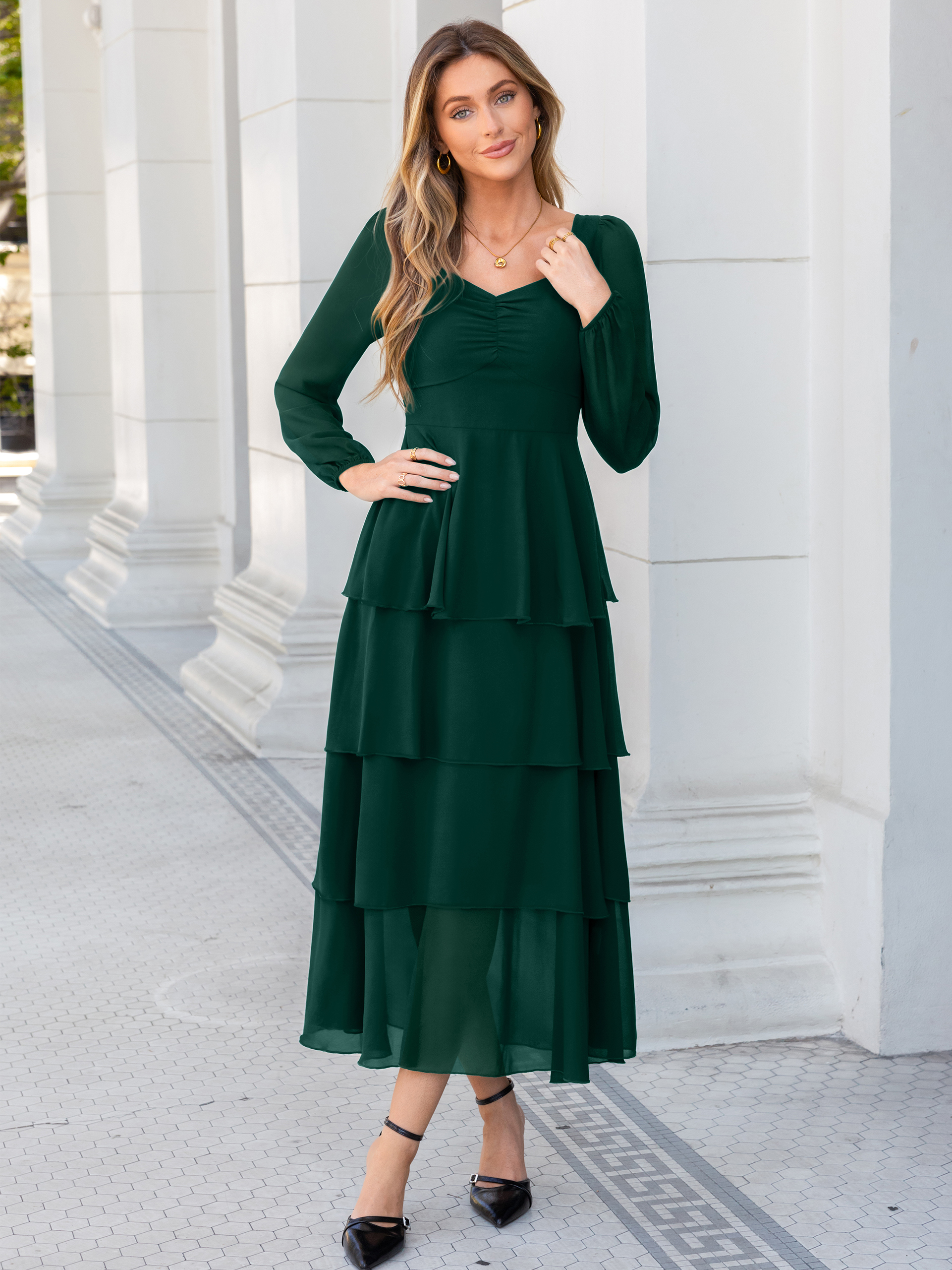 Sweetheart Ruched Long Sleeve Tiered Chiffon Maxi Dress - Dark Green