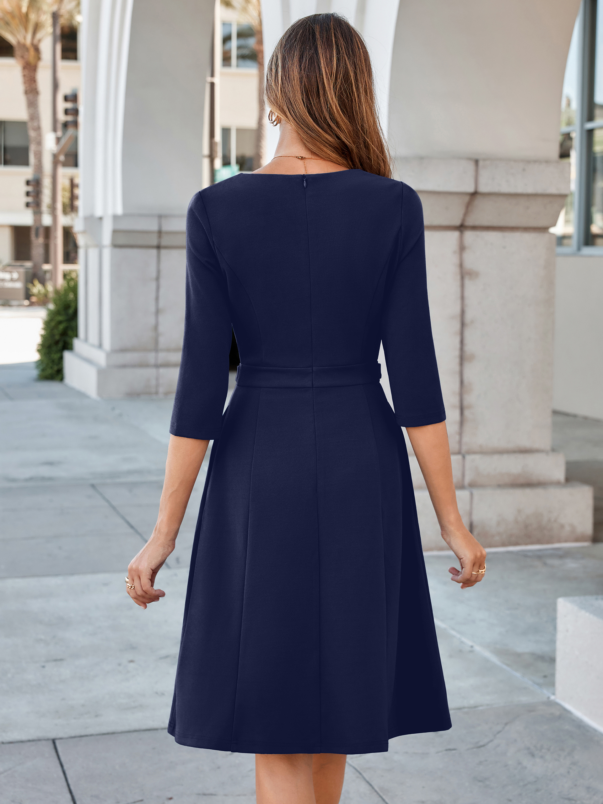 Notched V-Neck 3/4 Sleeve A-Line Business Midi Dress