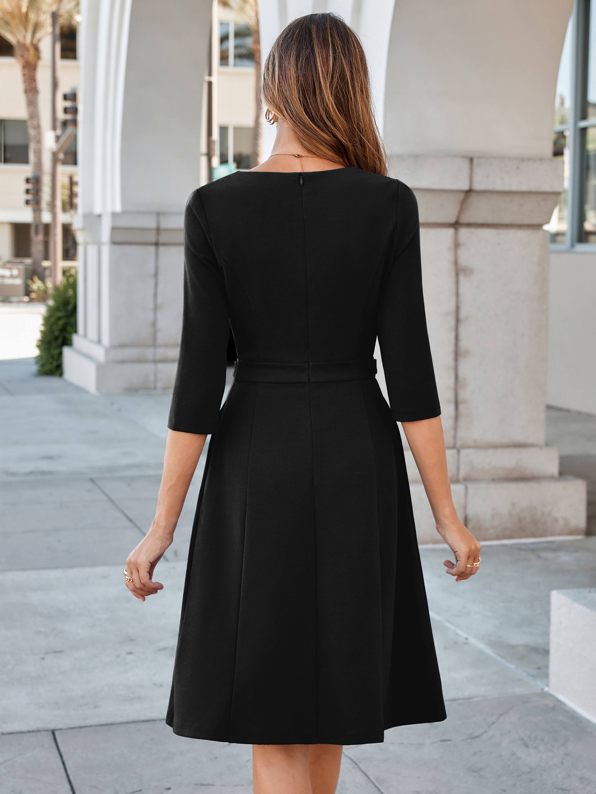 Notched V-Neck 3/4 Sleeve A-Line Business Midi Dress