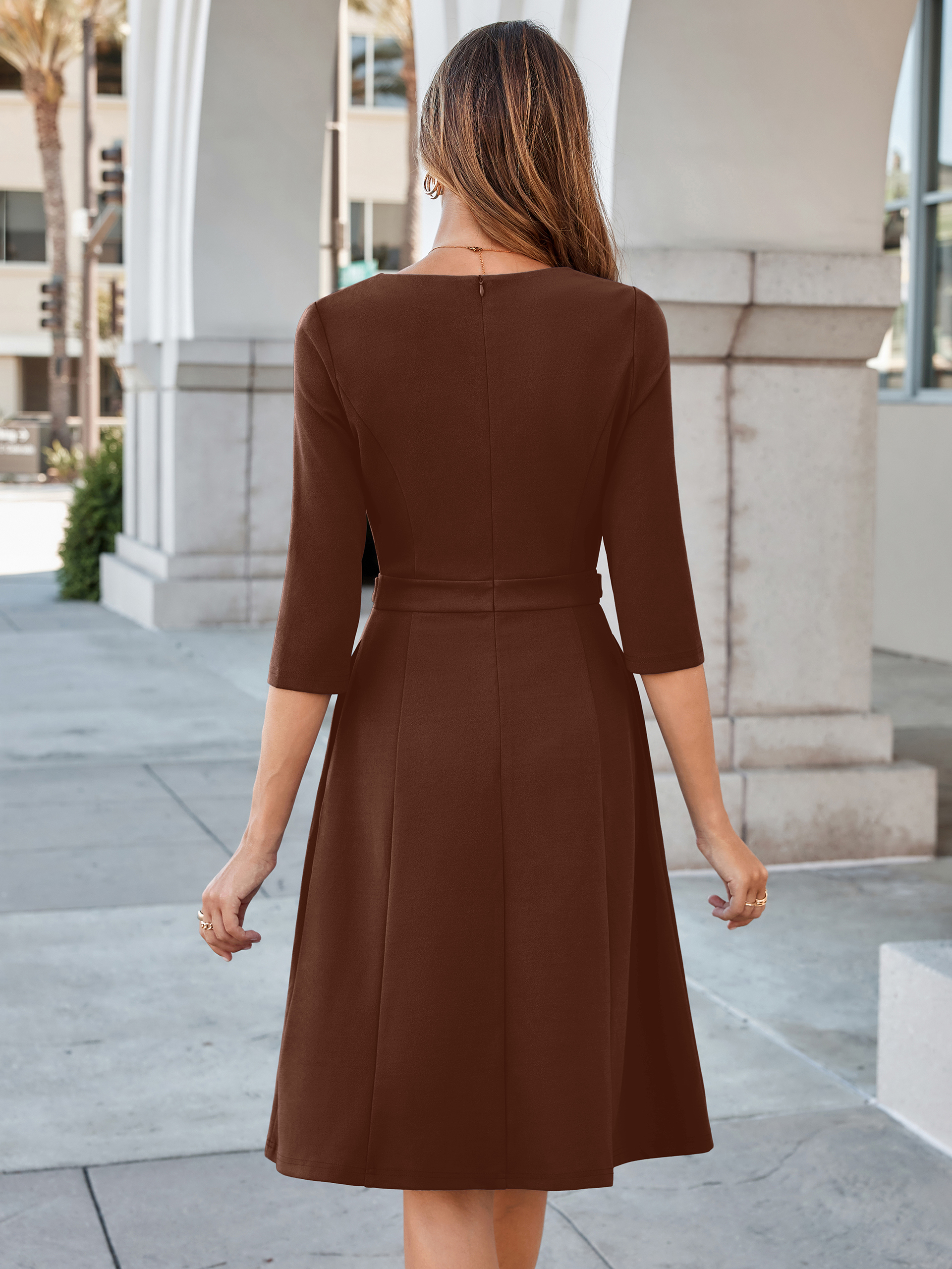 Notched V-Neck 3/4 Sleeve A-Line Business Midi Dress