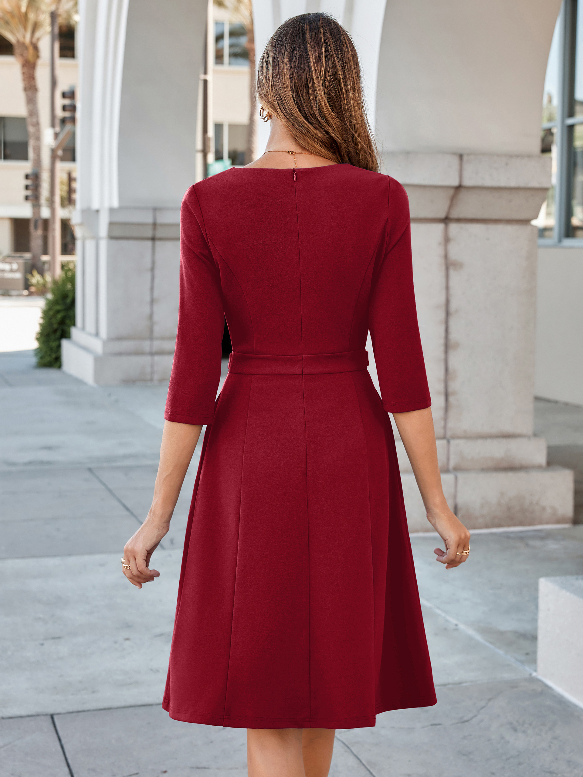 Notched V-Neck 3/4 Sleeve A-Line Business Midi Dress