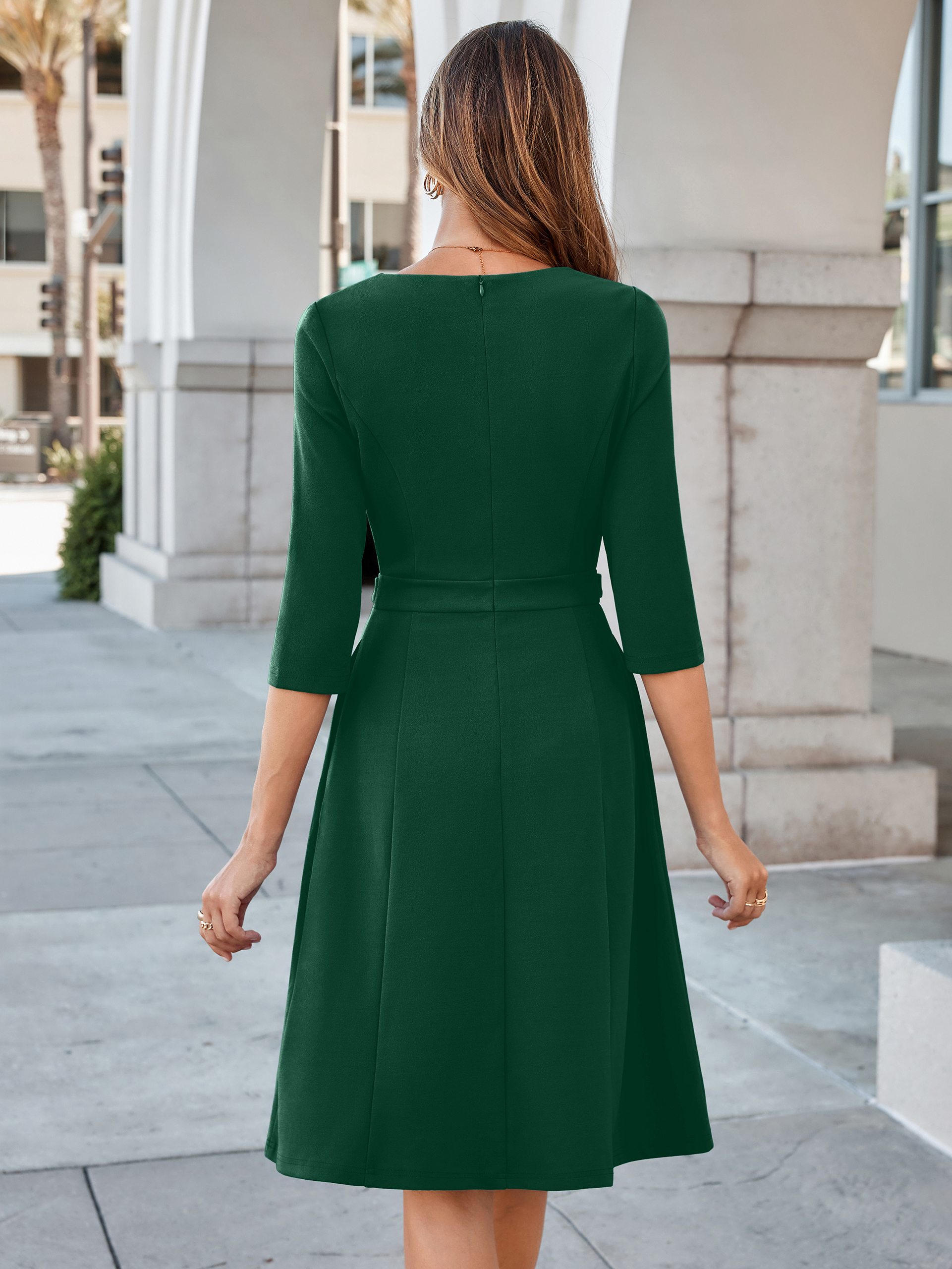 Notched V-Neck 3/4 Sleeve A-Line Business Midi Dress