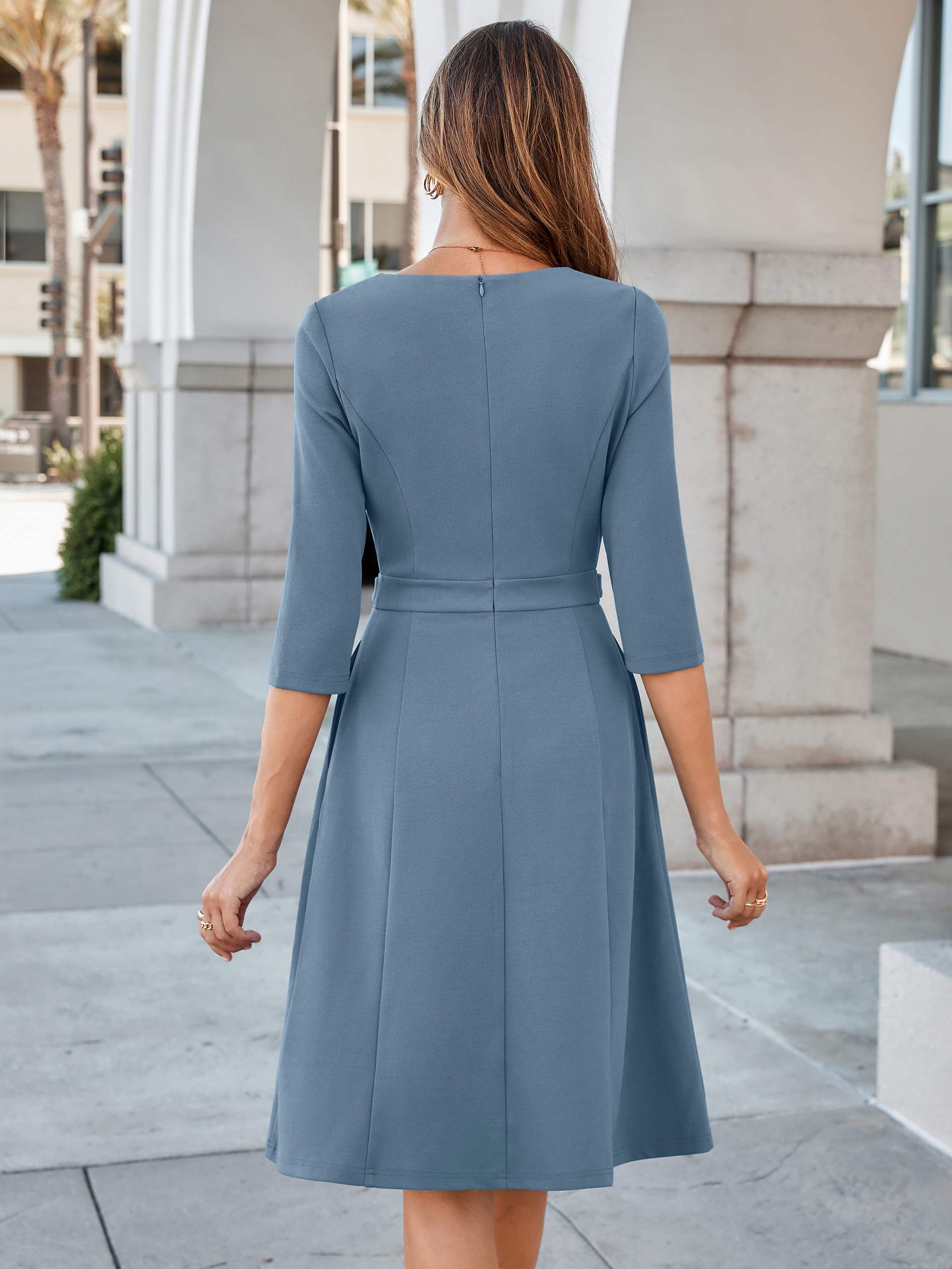 Notched V-Neck 3/4 Sleeve A-Line Business Midi Dress