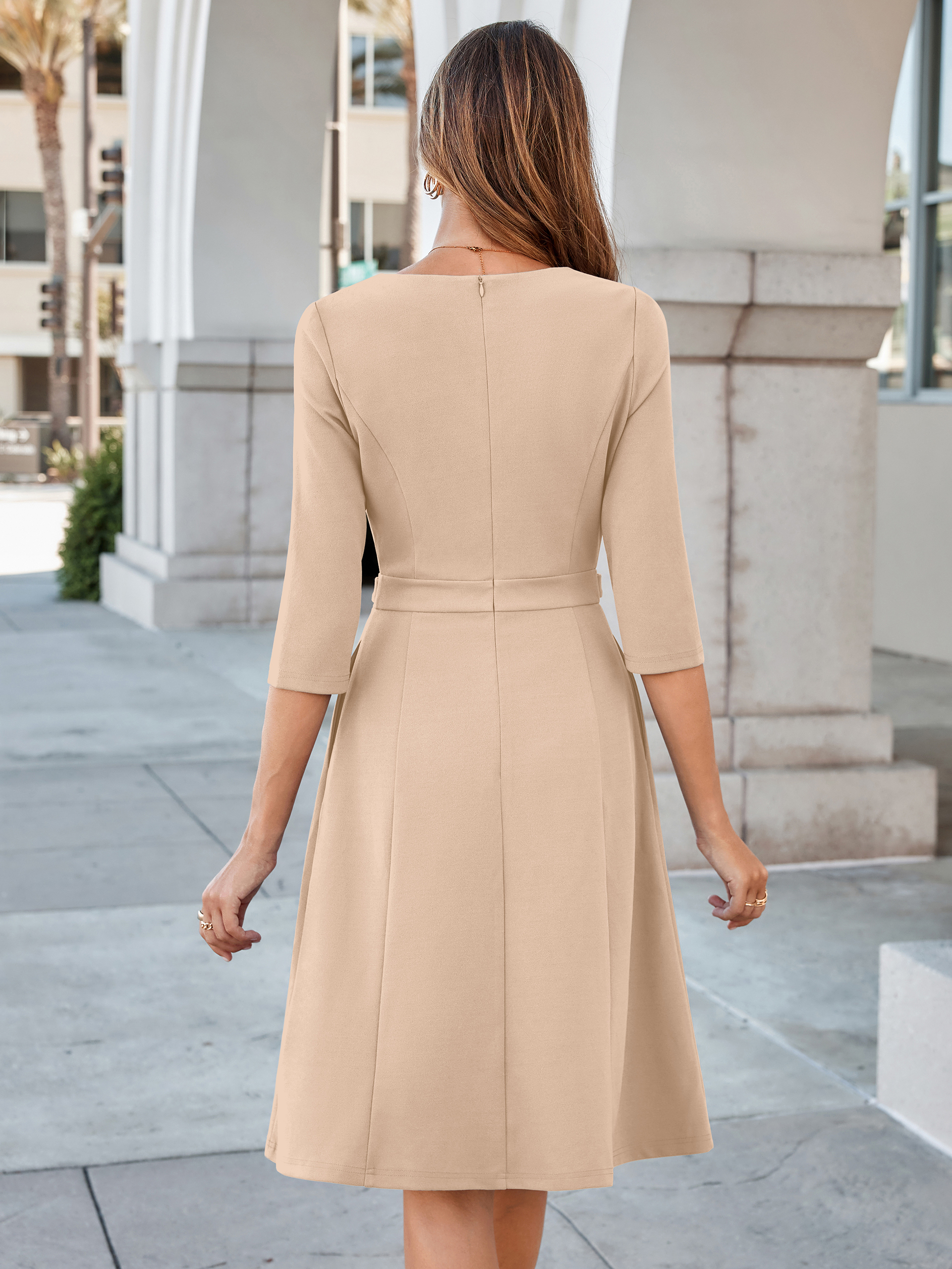 Notched V-Neck 3/4 Sleeve A-Line Business Midi Dress