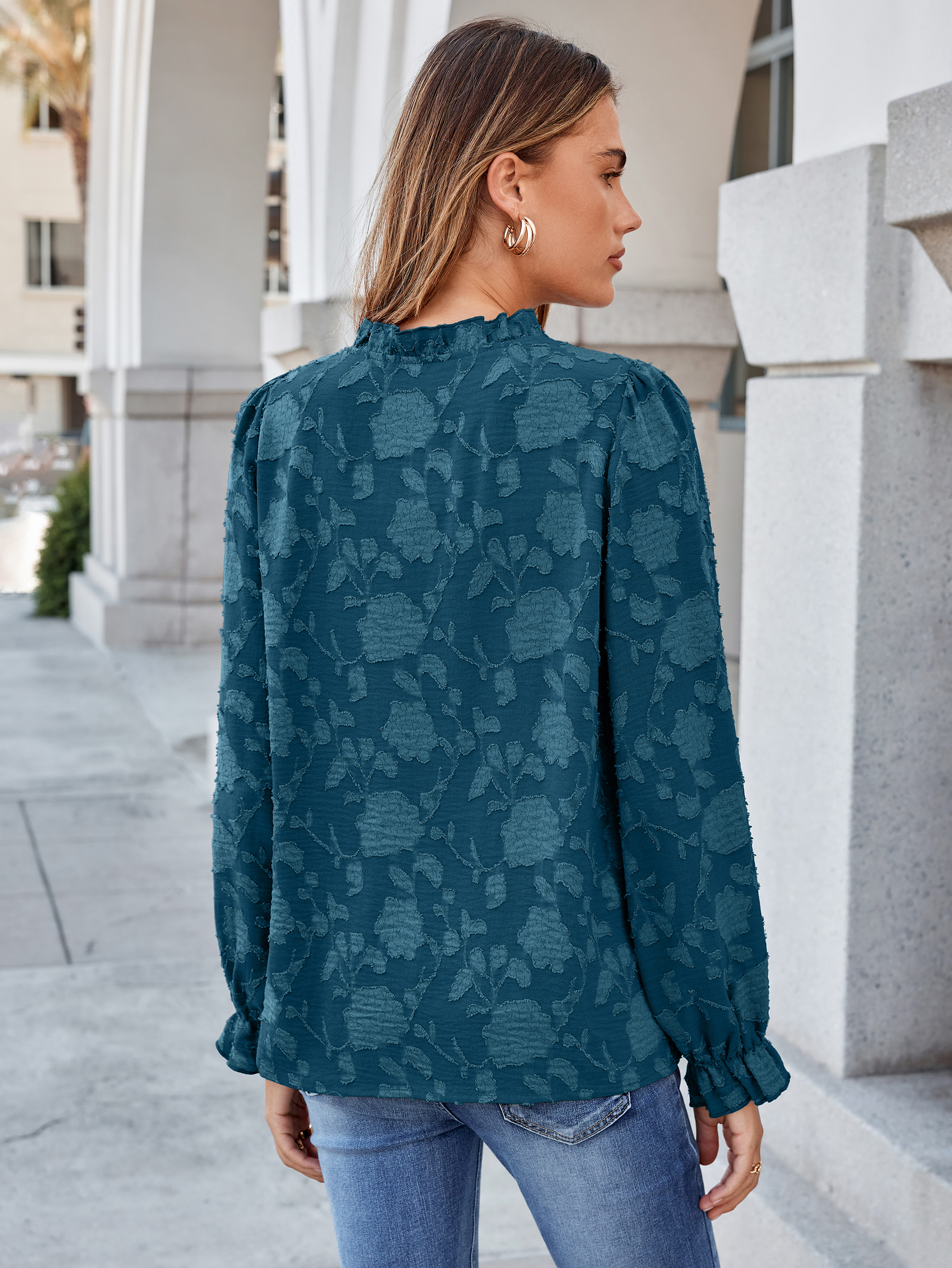 Frilled Ruffle Trim Burnout Floral Long Sleeve Blouse