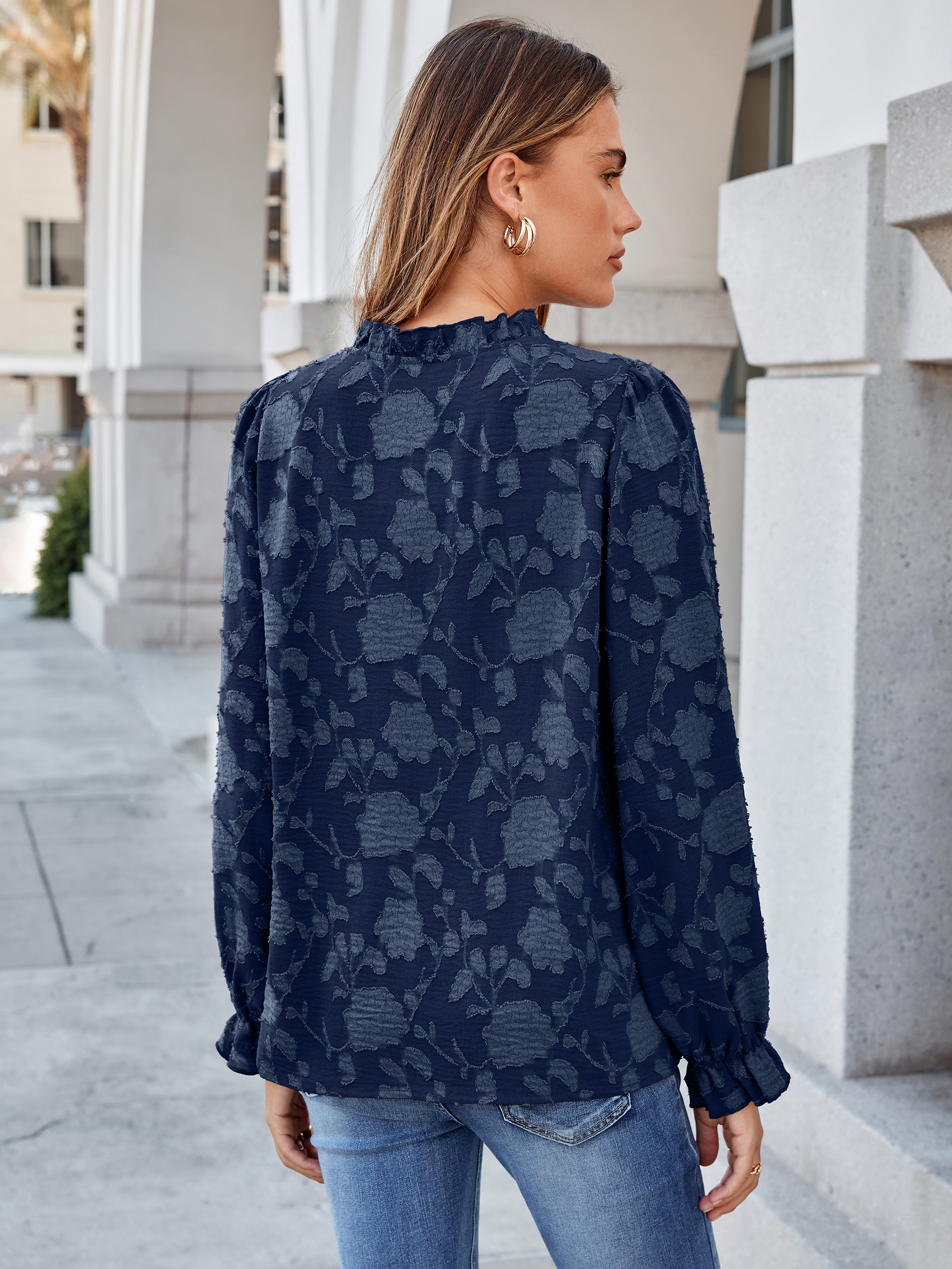 Frilled Ruffle Trim Burnout Floral Long Sleeve Blouse