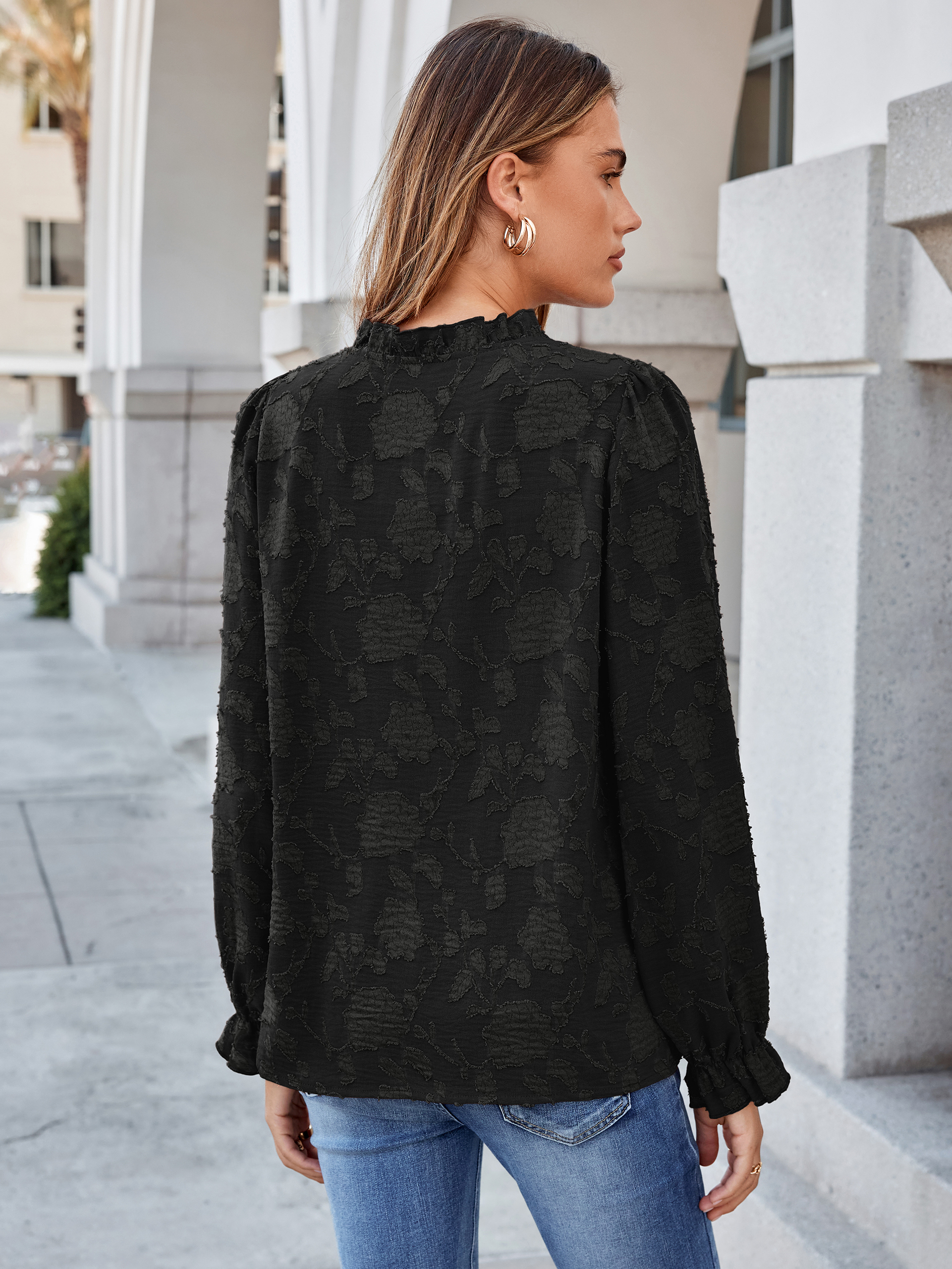 Frilled Ruffle Trim Burnout Floral Long Sleeve Blouse