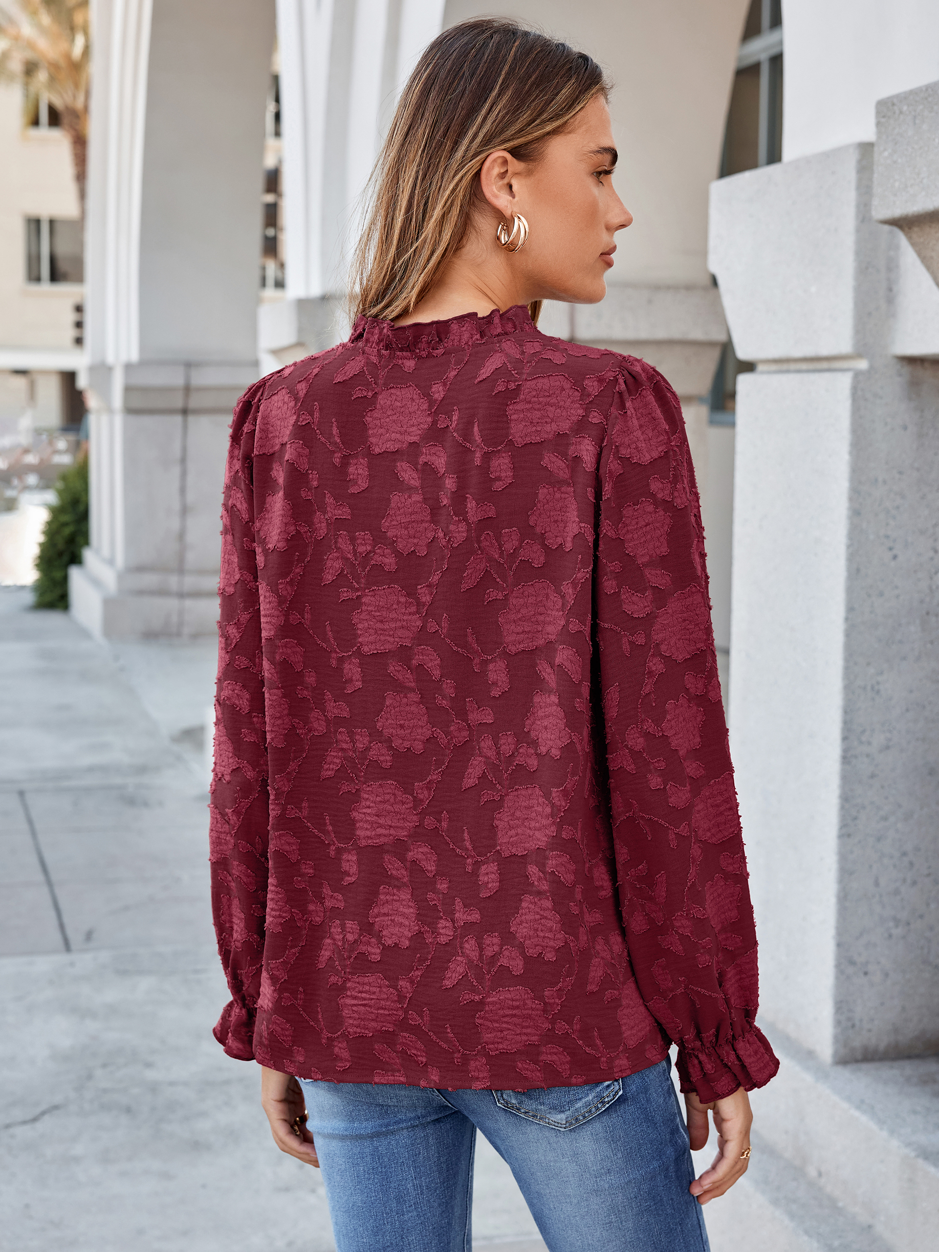 Frilled Ruffle Trim Burnout Floral Long Sleeve Blouse