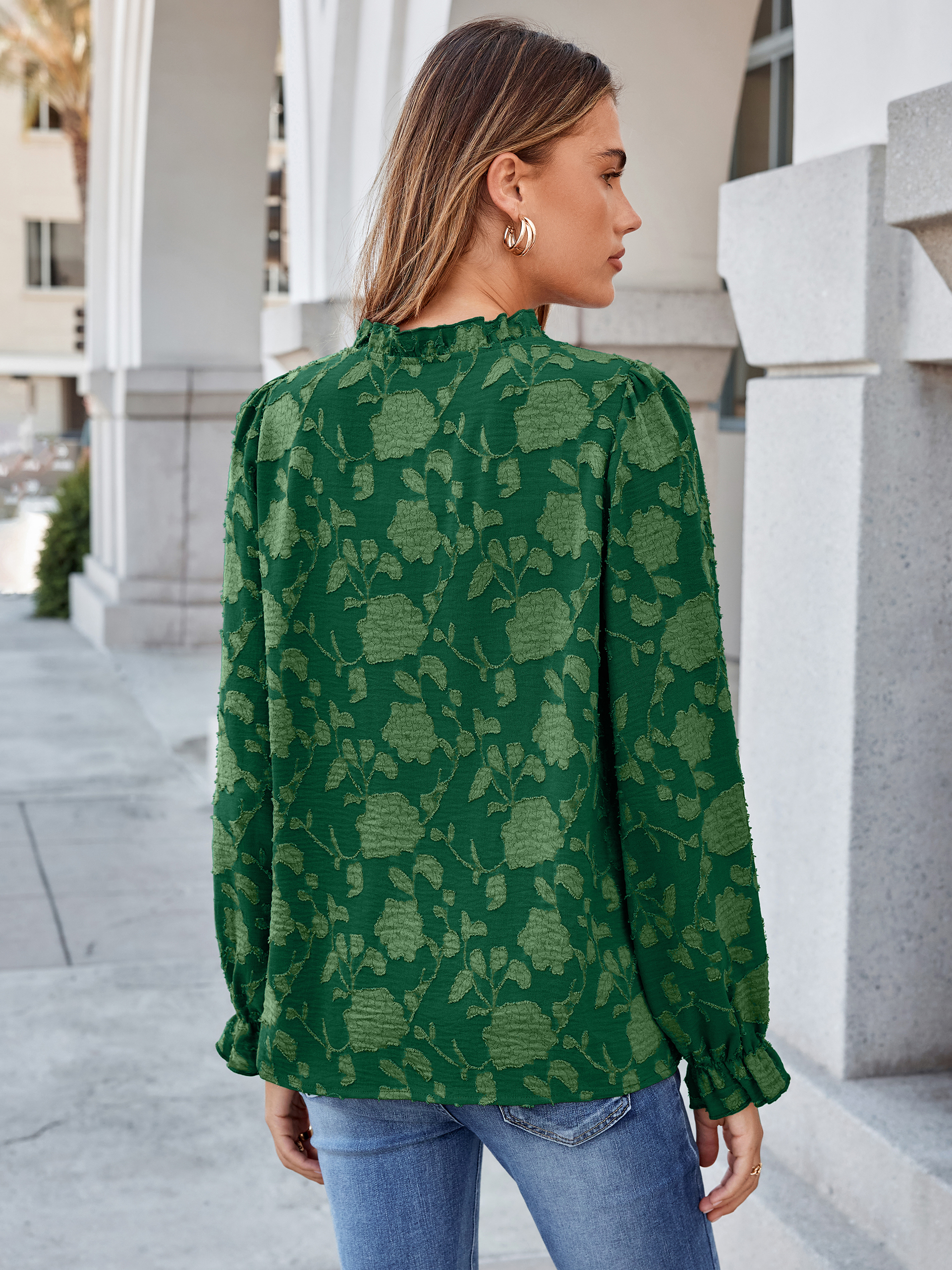 Frilled Ruffle Trim Burnout Floral Long Sleeve Blouse