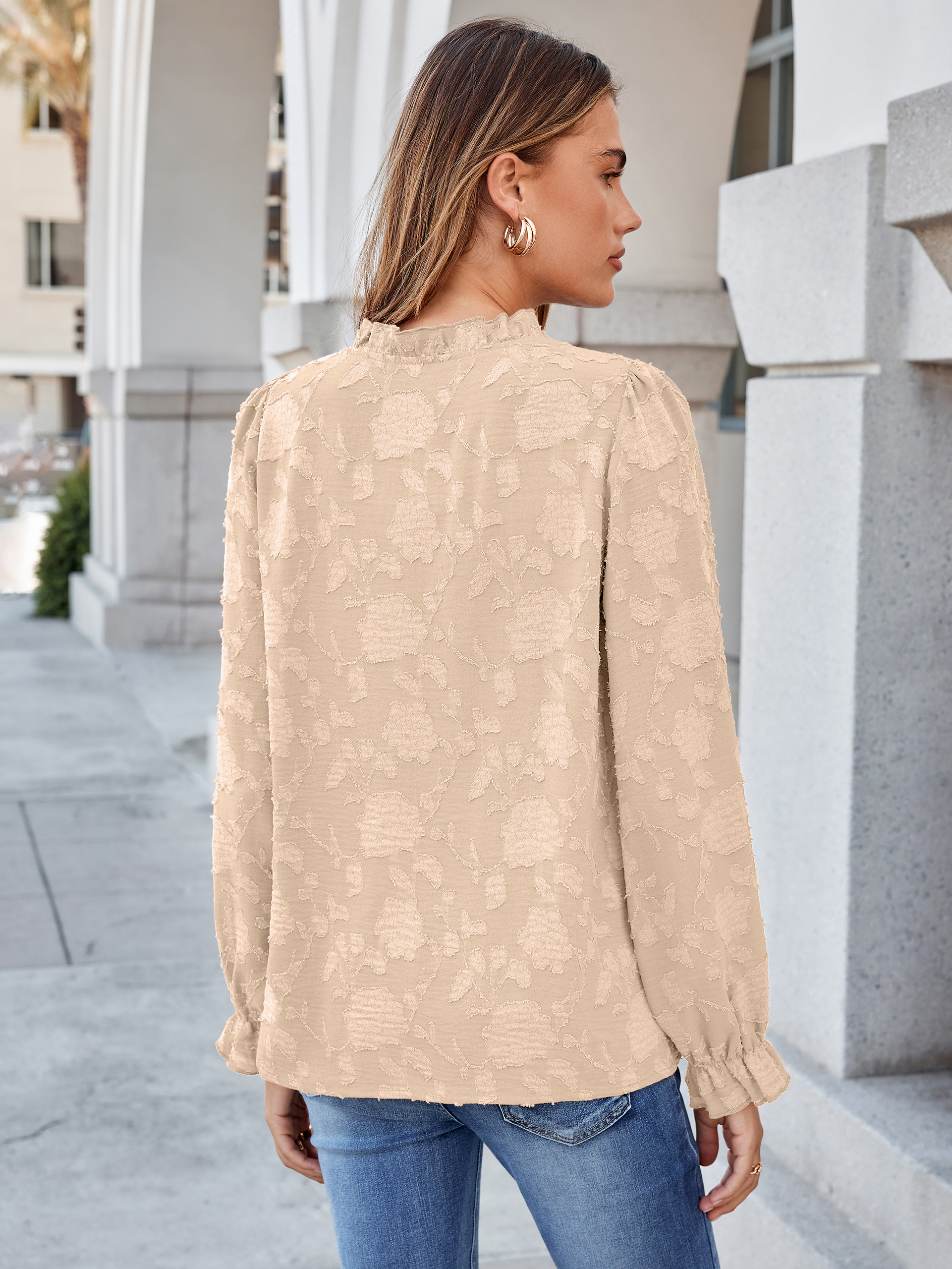 Frilled Ruffle Trim Burnout Floral Long Sleeve Blouse