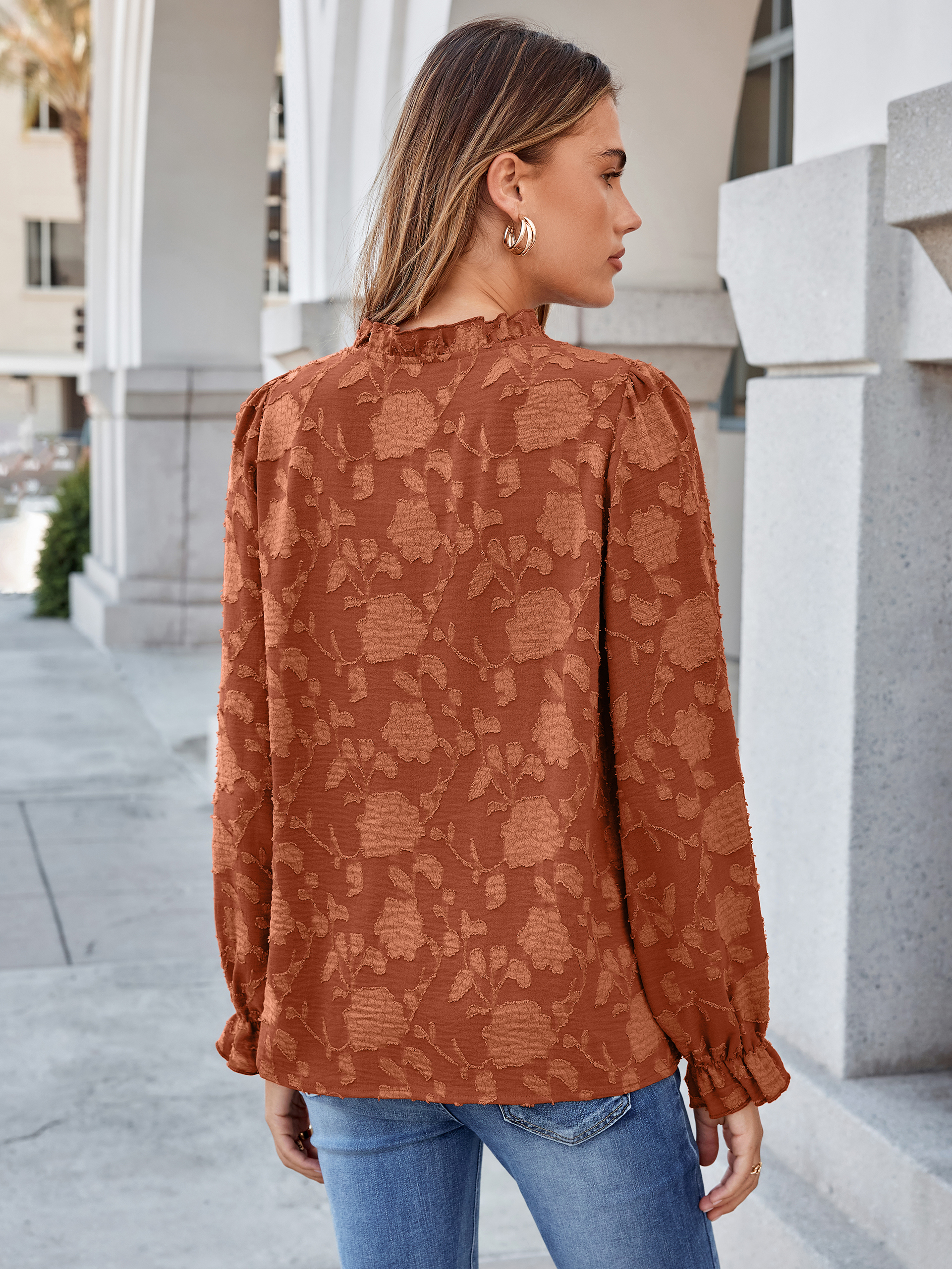Frilled Ruffle Trim Burnout Floral Long Sleeve Blouse