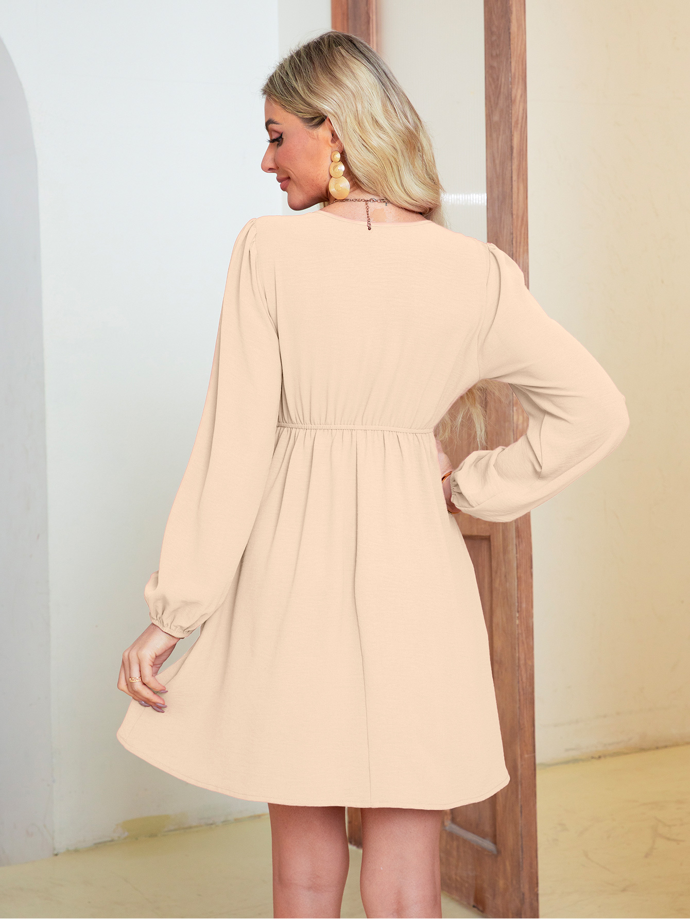 Deep V Puff Sleeve Smocked Babydoll Mini Dress