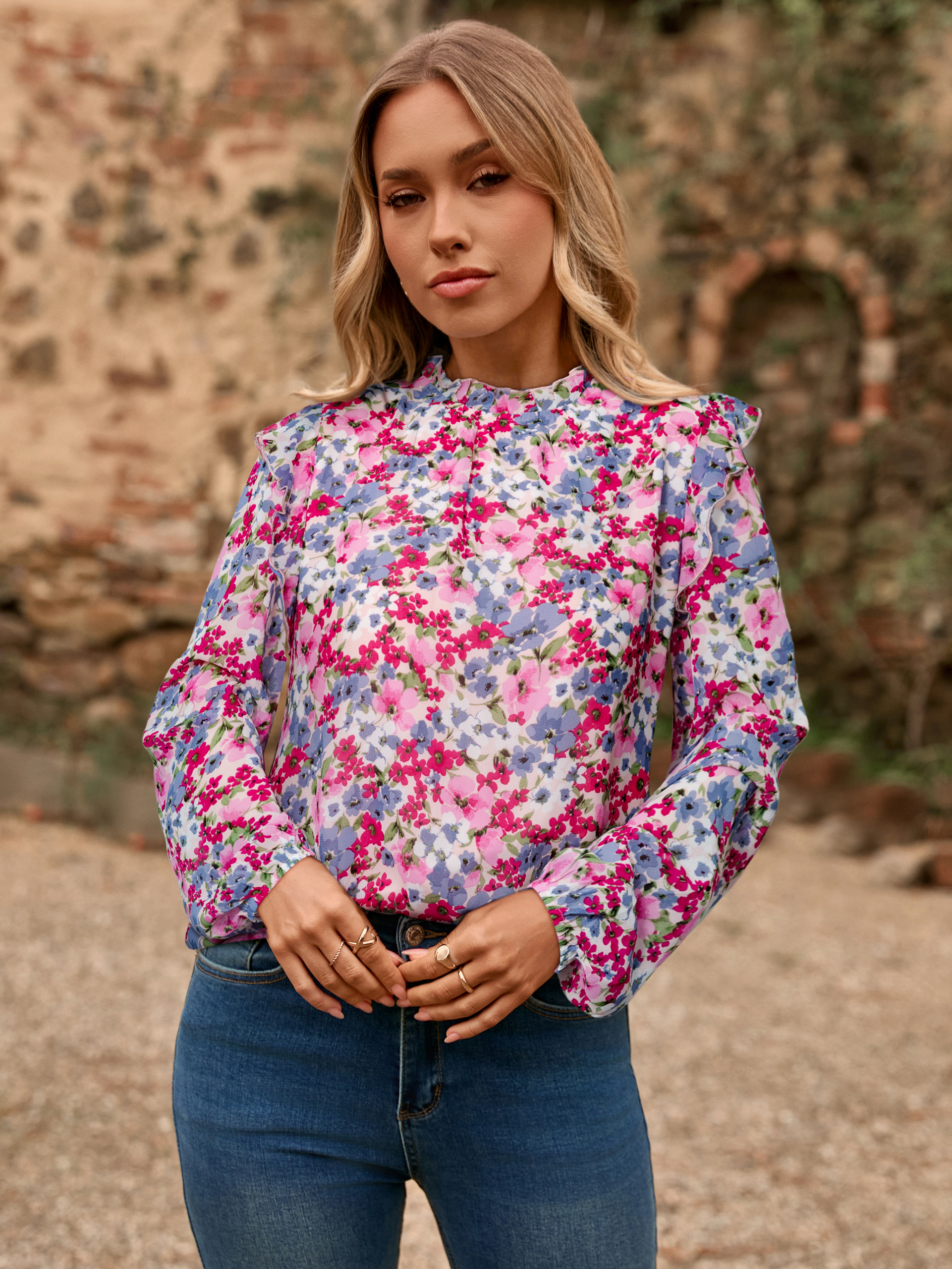 Boho Floral Ruffle Long Sleeve Blouse