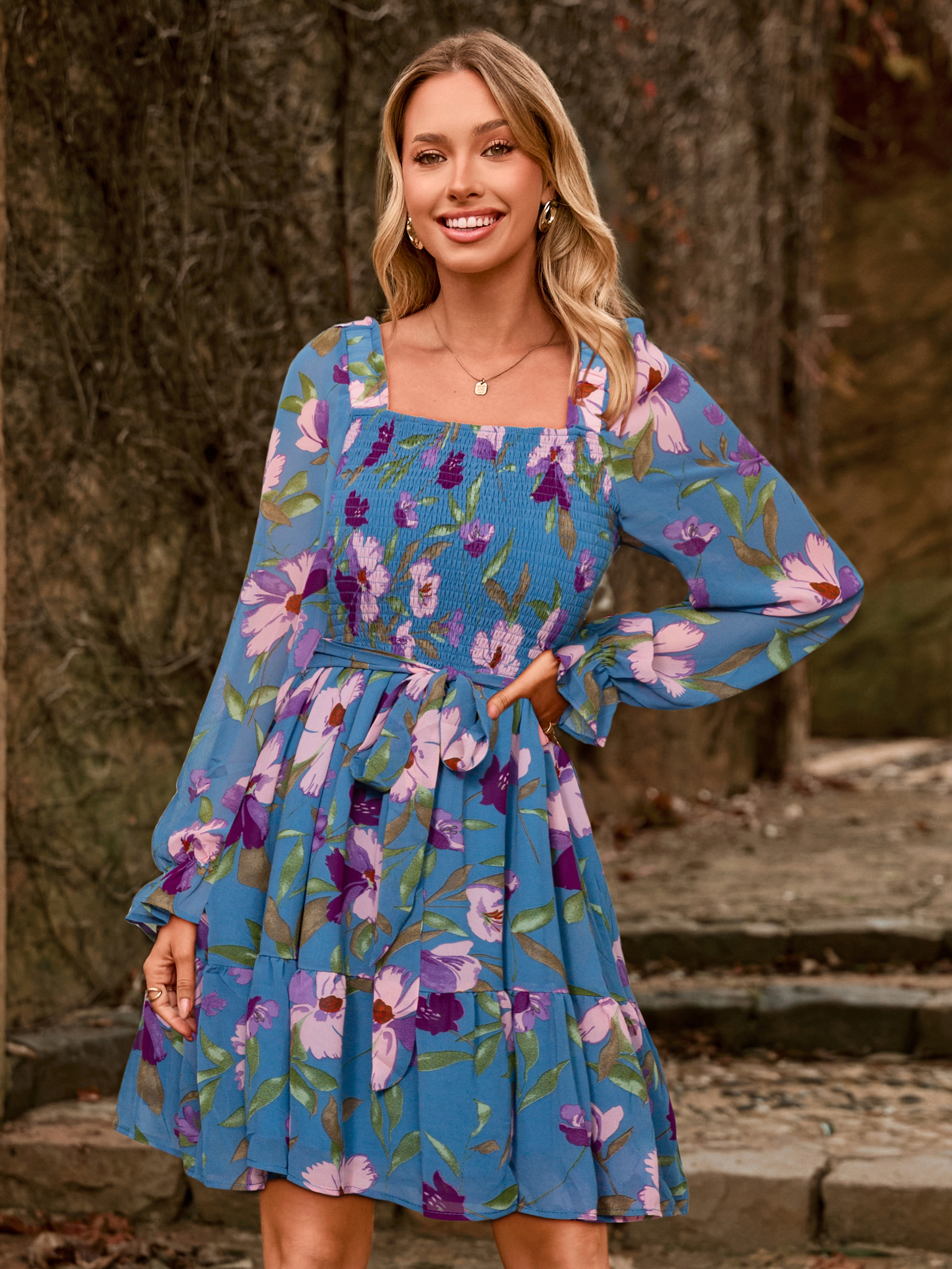 Boho Floral Chiffon Smocked Mini Dress