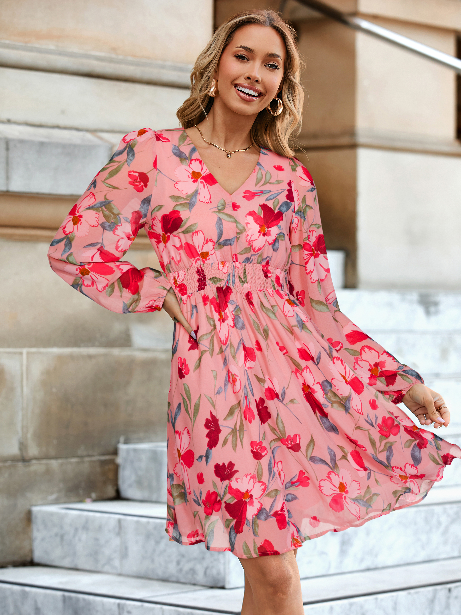 Boho Flowy Floral Chiffon Wedding Guest Mini Dress