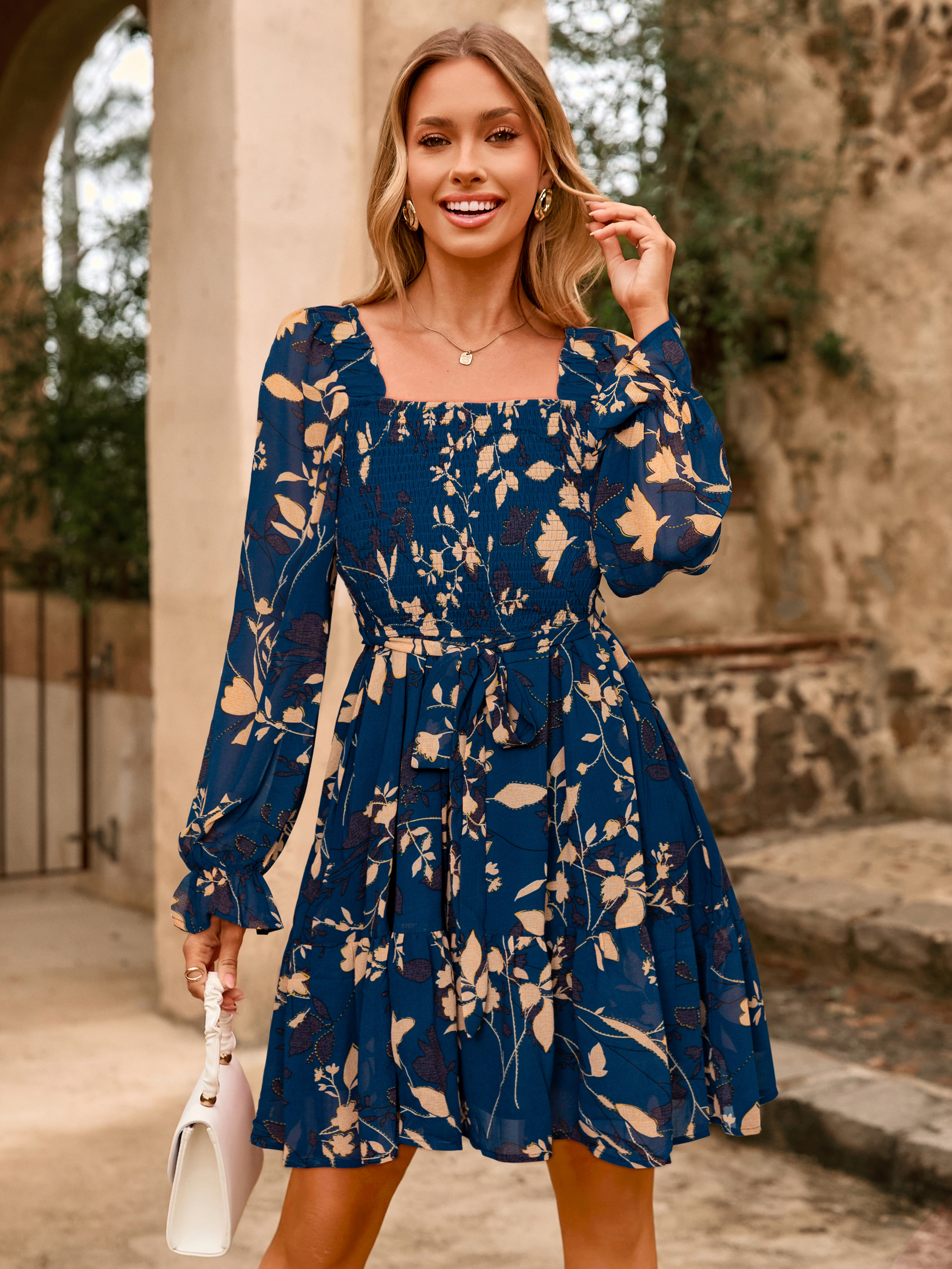 Boho Floral Chiffon Smocked Mini Dress