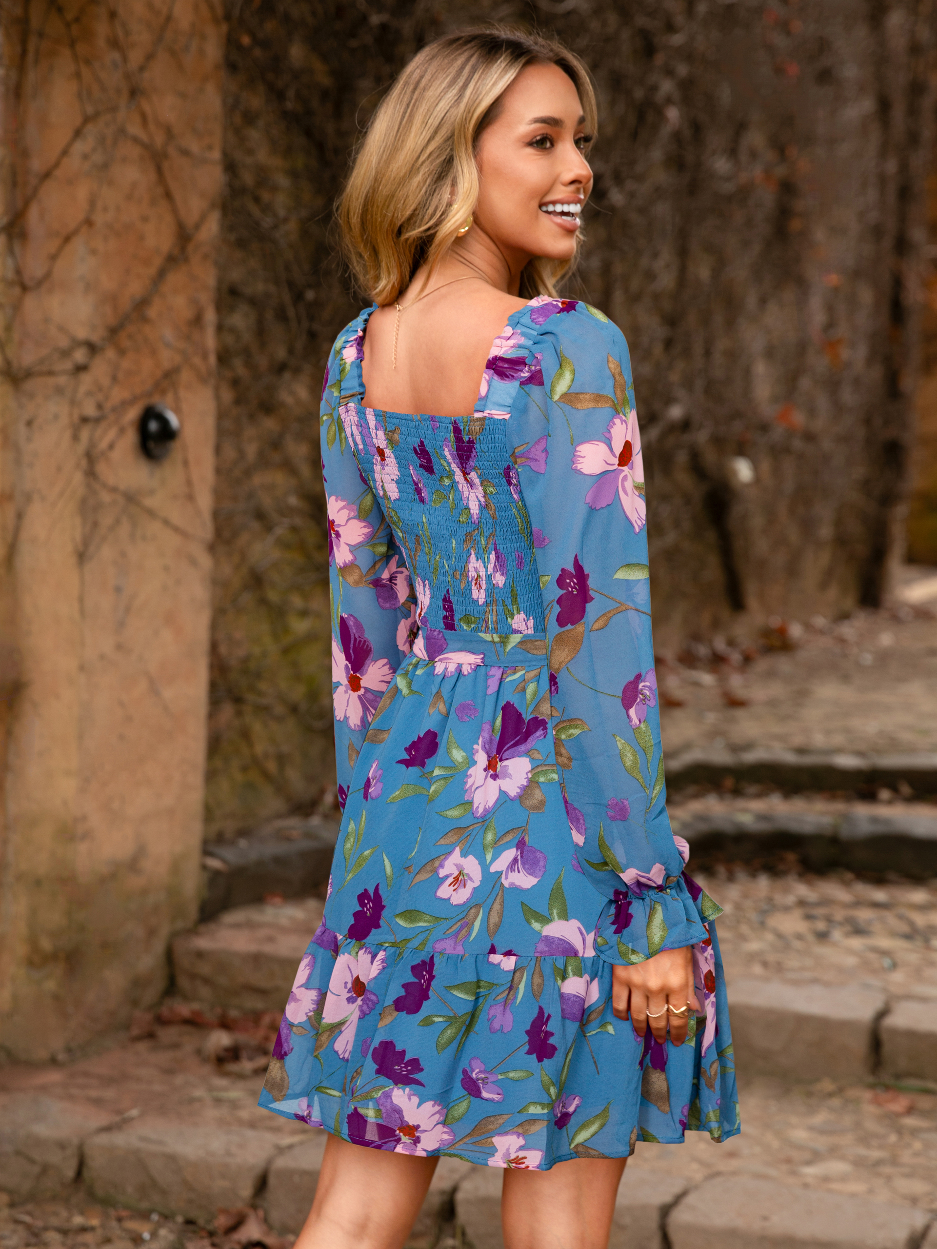 Boho Floral Chiffon Smocked Mini Dress