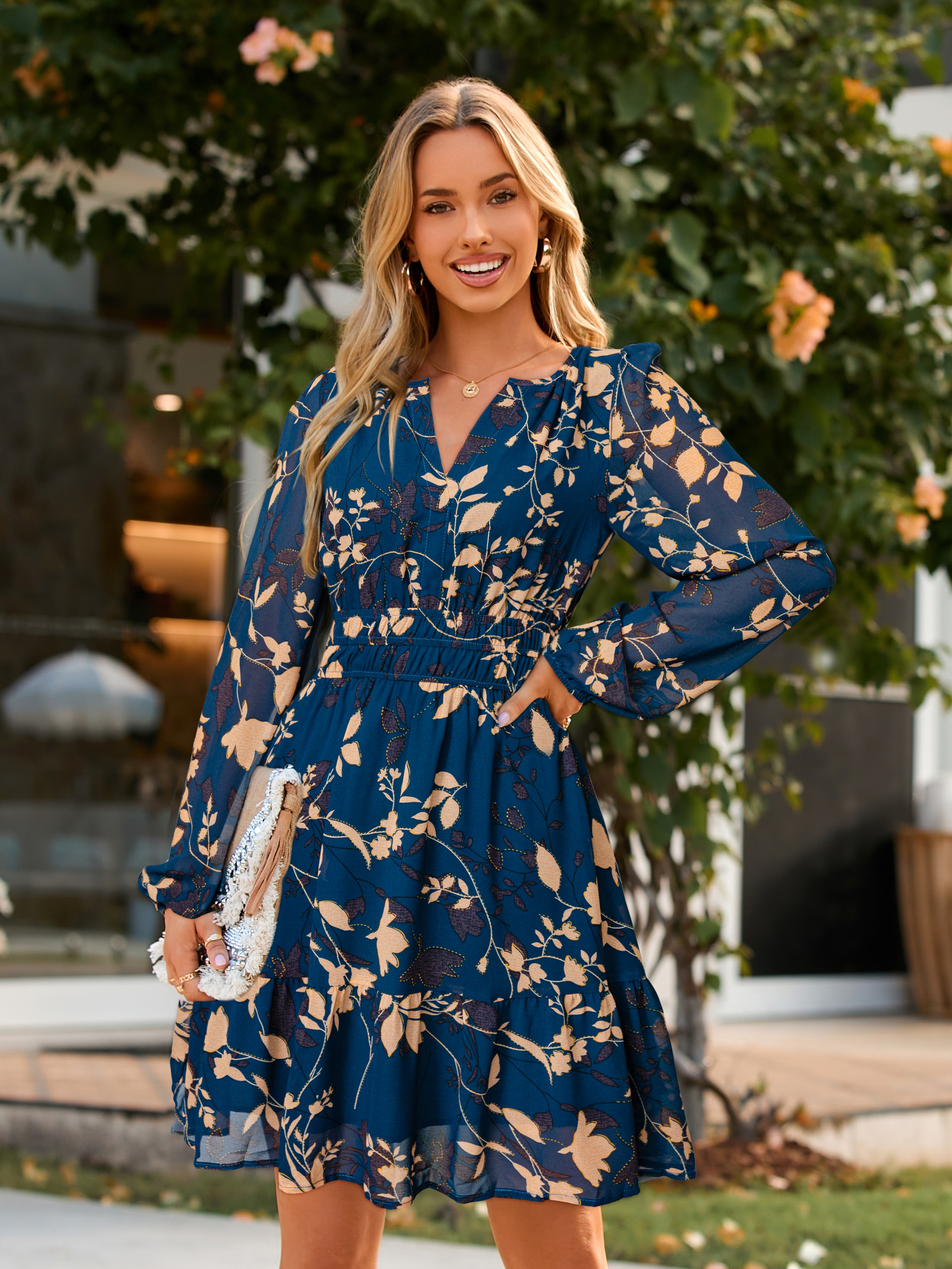 Boho V Neck A Line Floral Chiffon Mini Dress