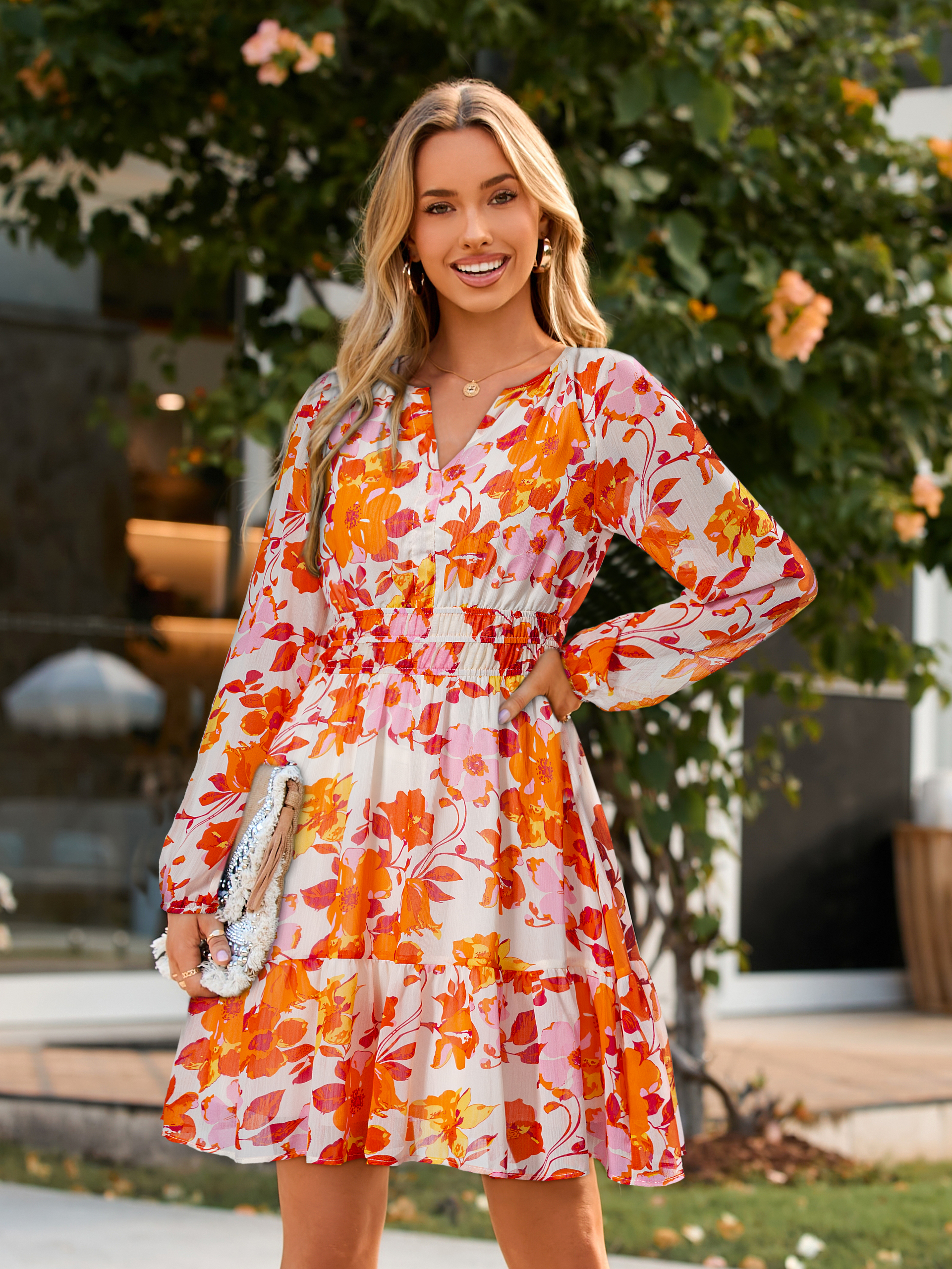 Boho V Neck A Line Floral Chiffon Mini Dress