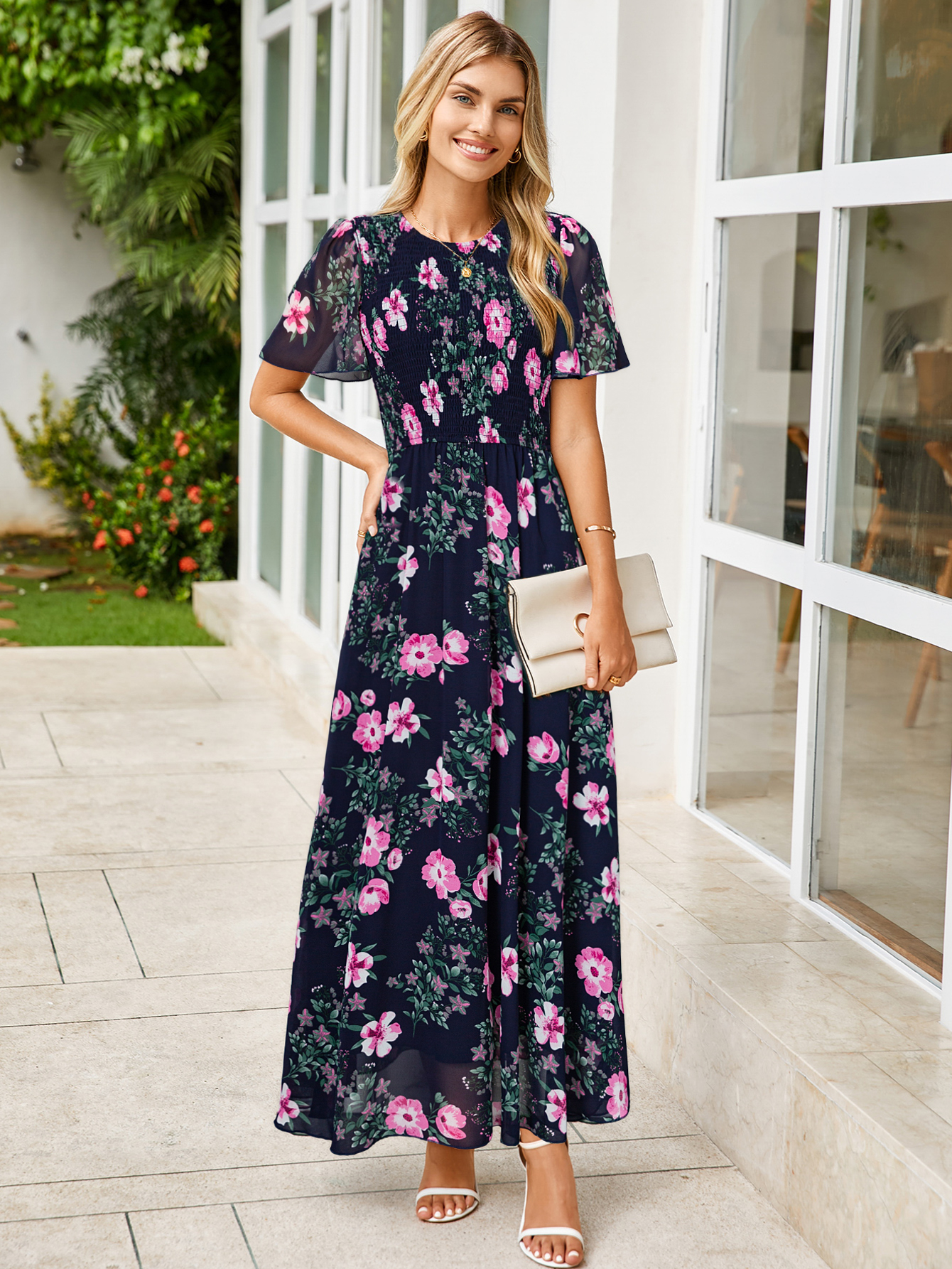 Chiffon Flutter Sleeve Smocked Floral Maxi Dress - Floral Navy Pink
