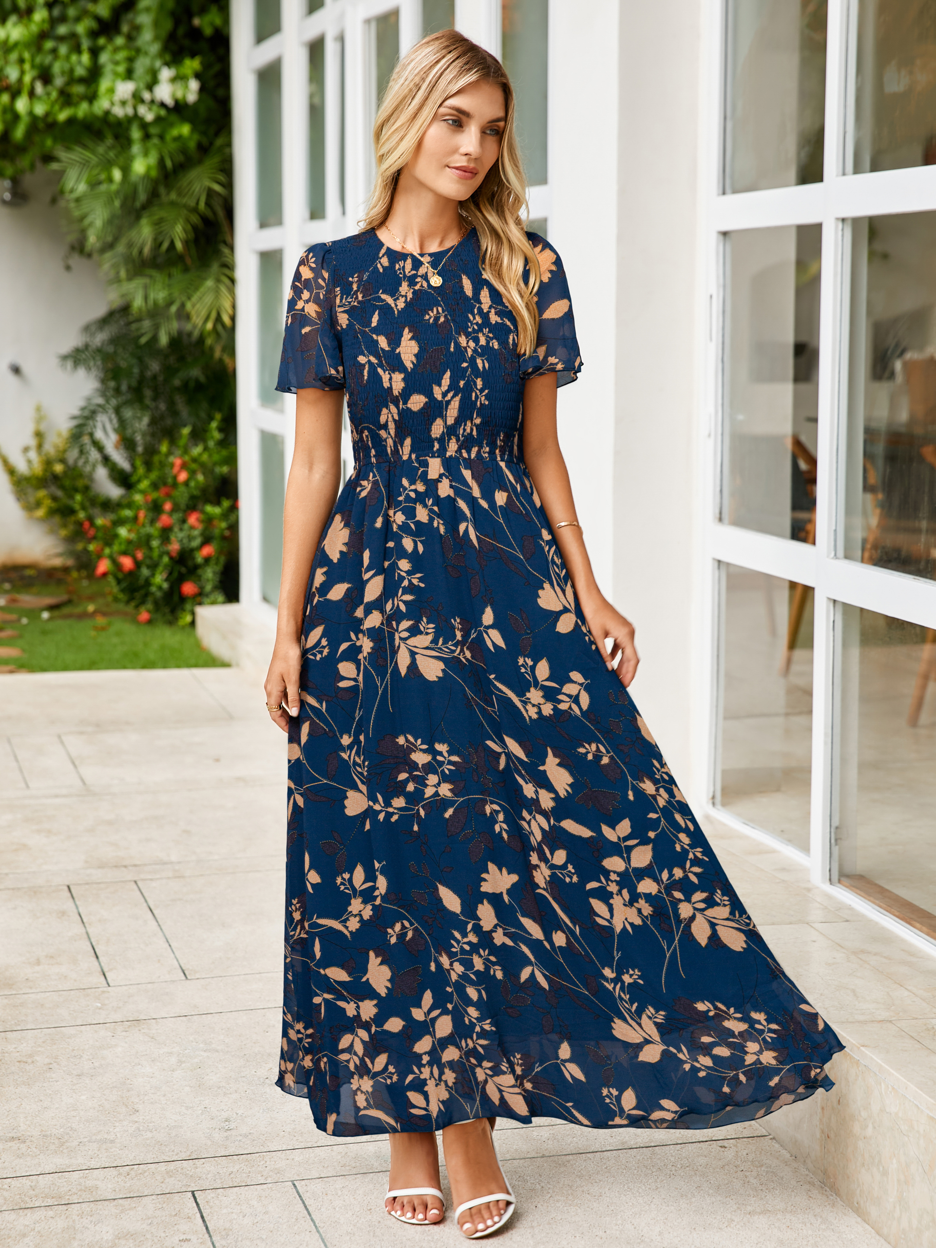 Chiffon Flutter Sleeve Smocked Floral Maxi Dress