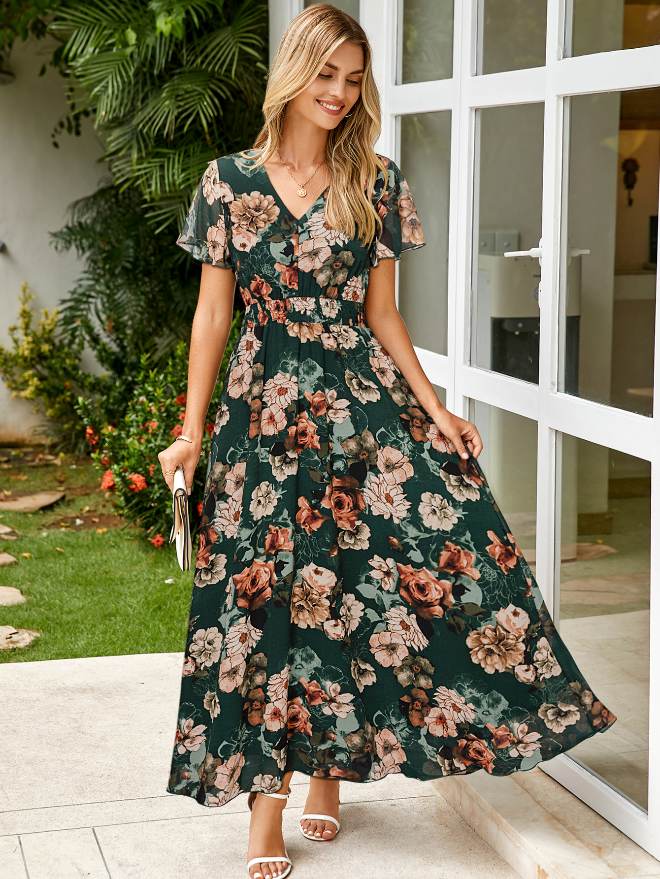 Boho Chiffon Floral Wedding Guest Maxi Dress