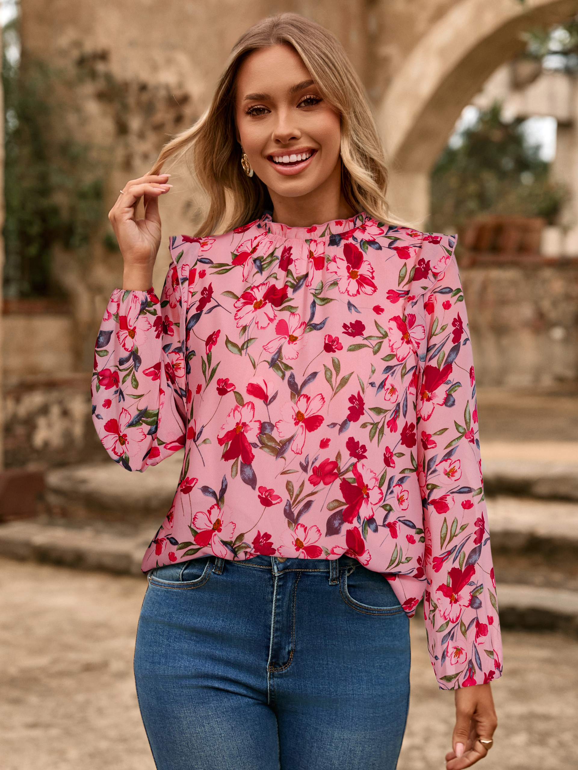 Boho Floral Ruffle Long Sleeve Blouse