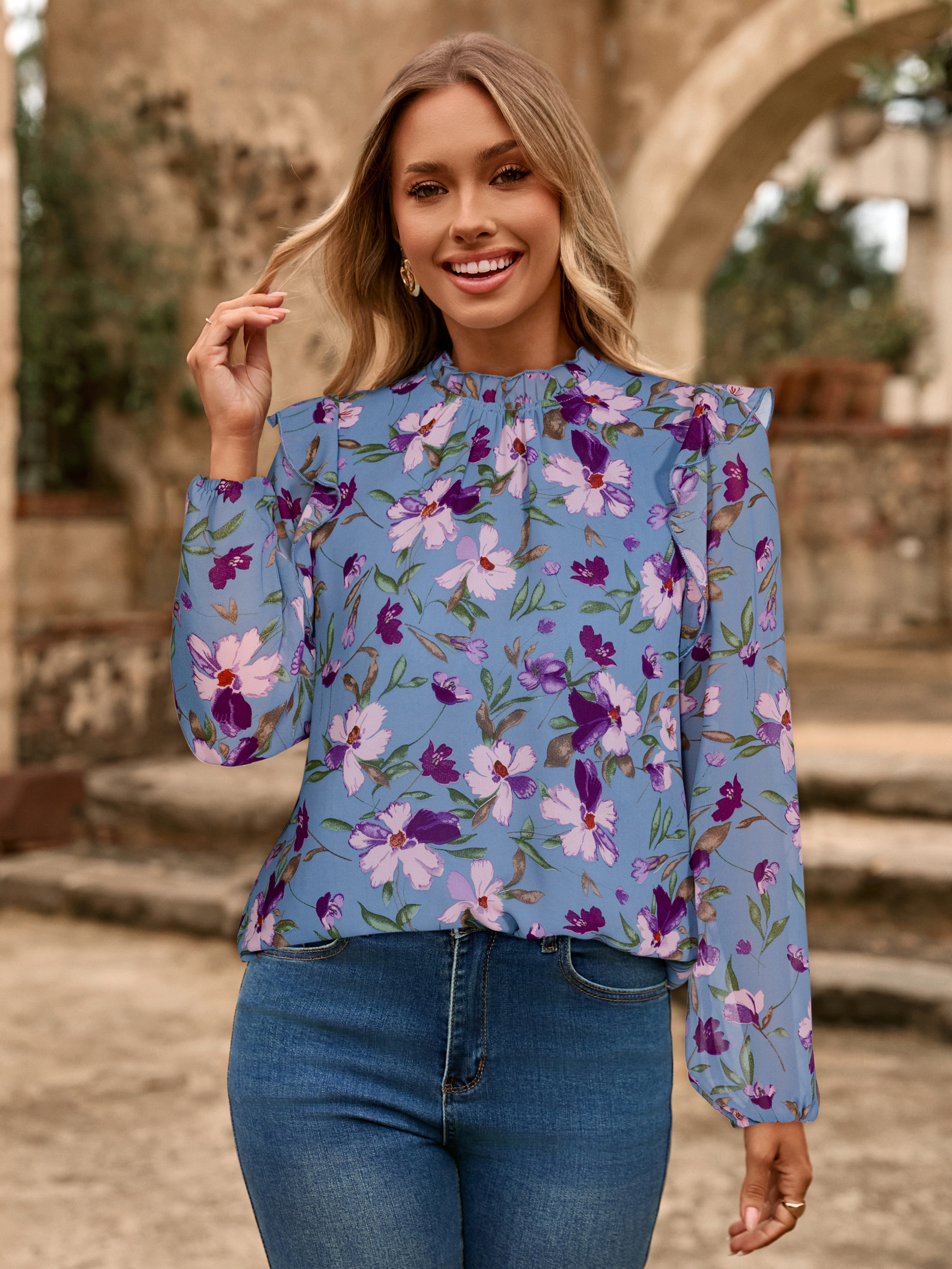 Boho Floral Ruffle Long Sleeve Blouse