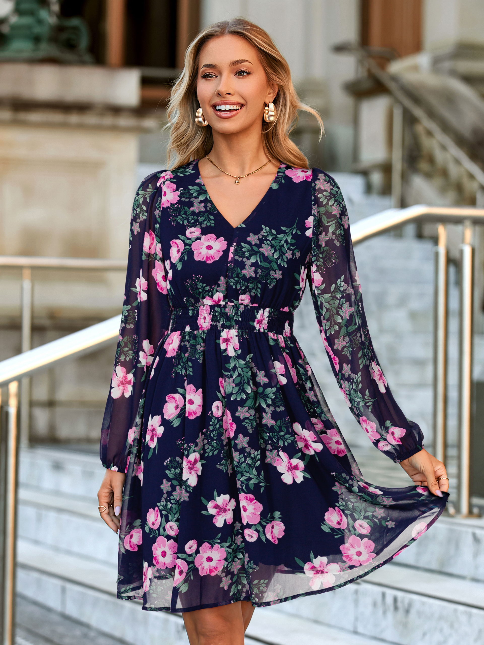 Boho Flowy Floral Chiffon Wedding Guest Mini Dress