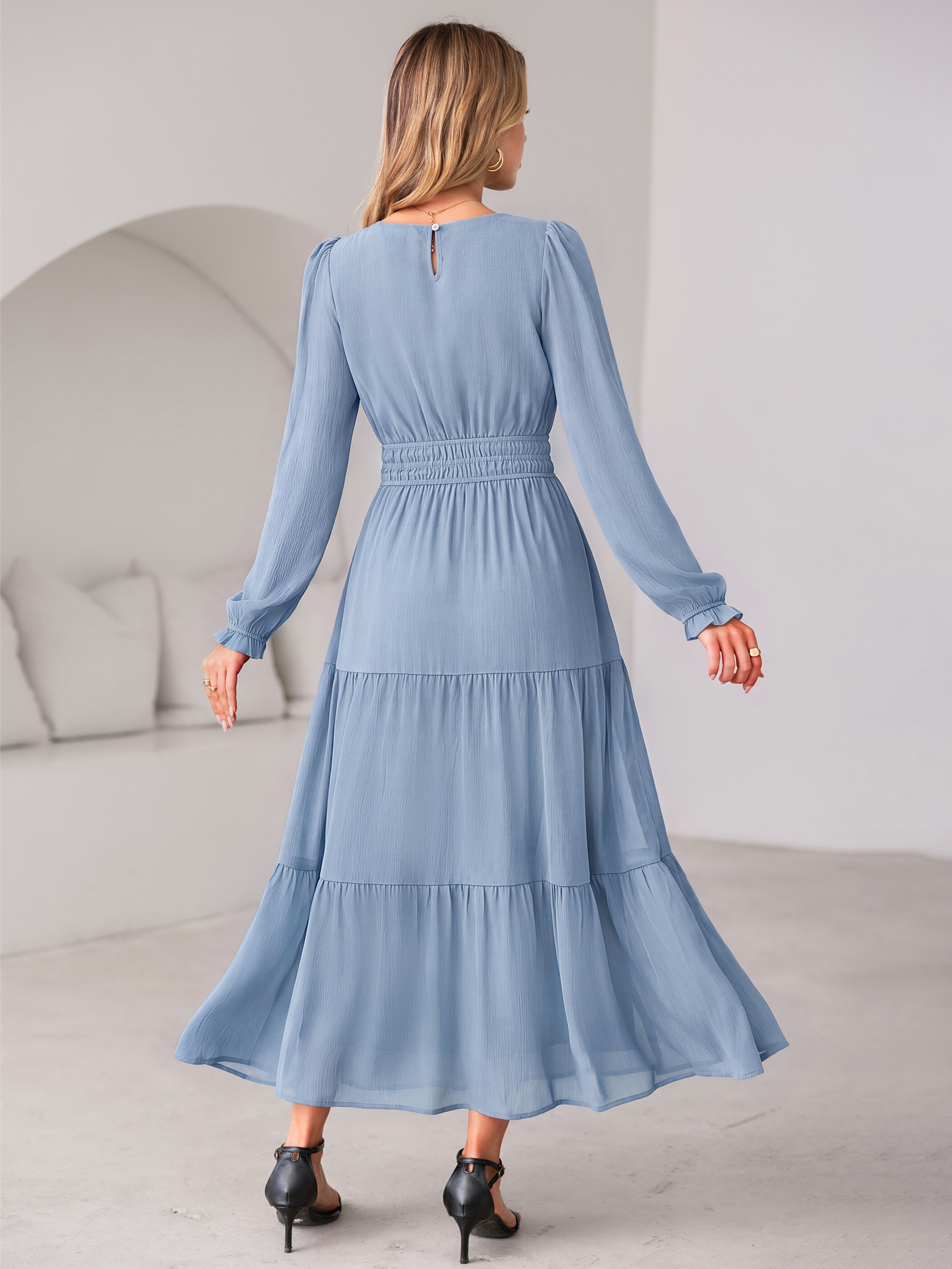 Crewneck Long Sleeve Tiered Chiffon Maxi Dress