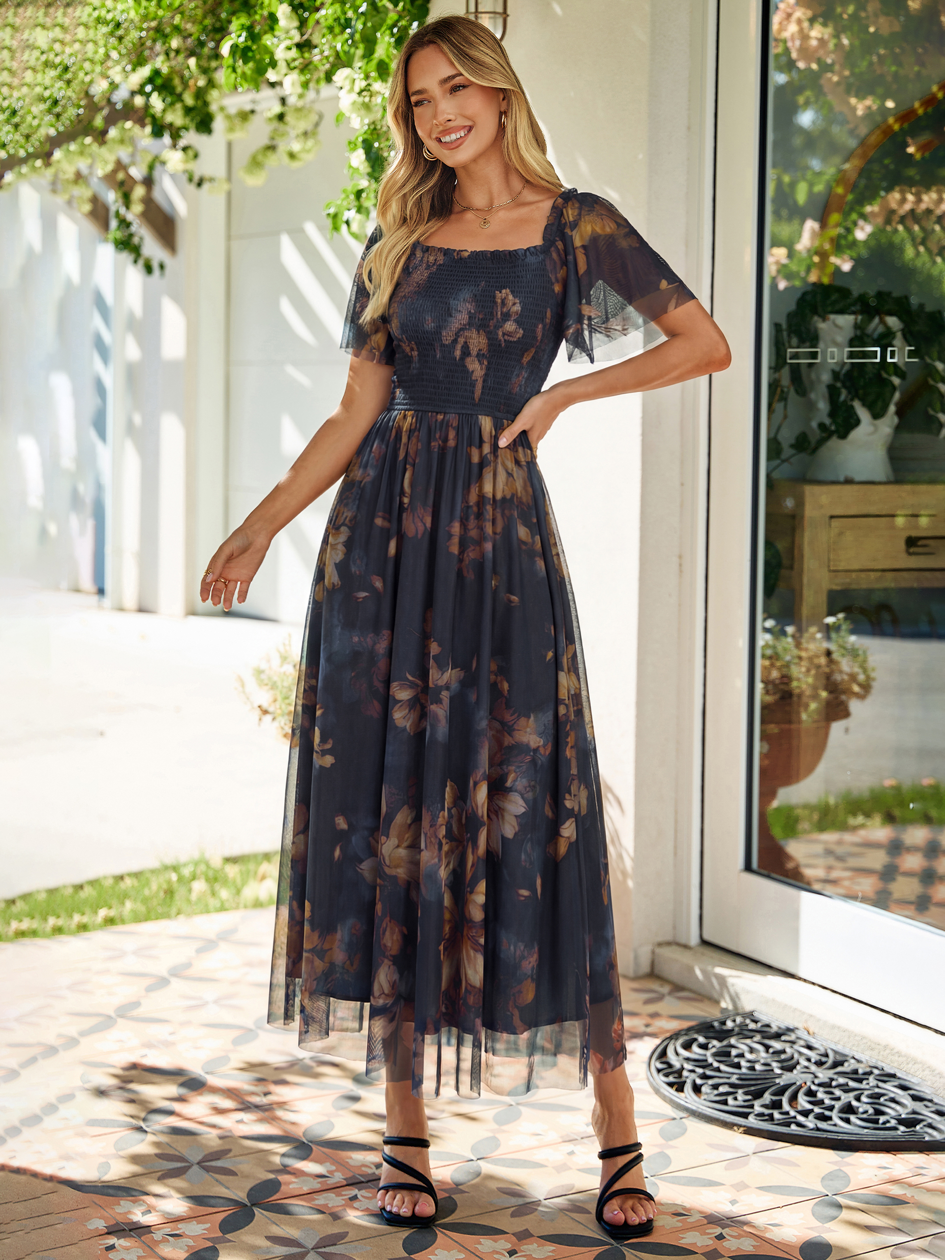 Floral Square Neck Smocked Flutter Sleeve Maxi Dress