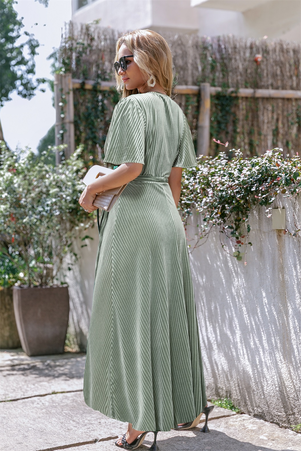Velvet V-Neck Short Sleeve Belted Wrap Maxi Dress