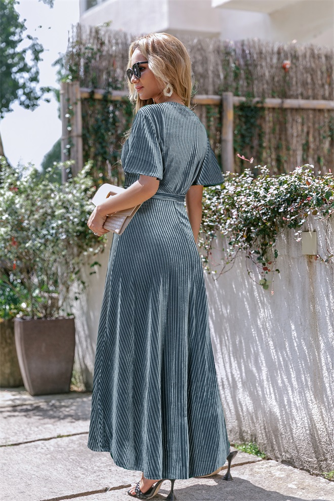 Velvet V-Neck Short Sleeve Belted Wrap Maxi Dress