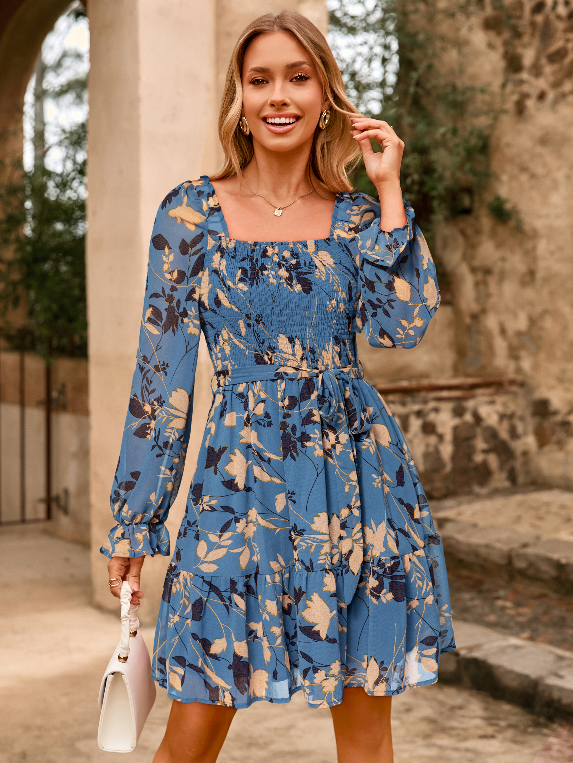 Boho Floral Chiffon Smocked Mini Dress