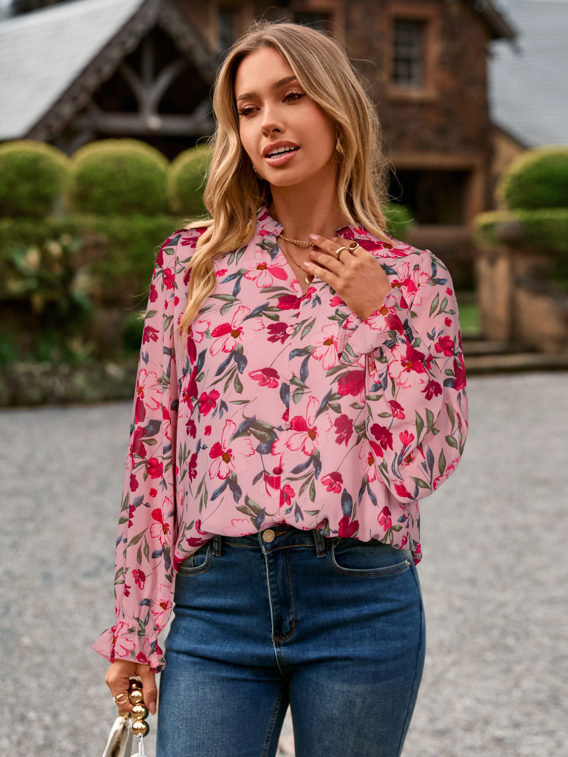 Floral V Neck Puff Sleeve Chiffon Blouse