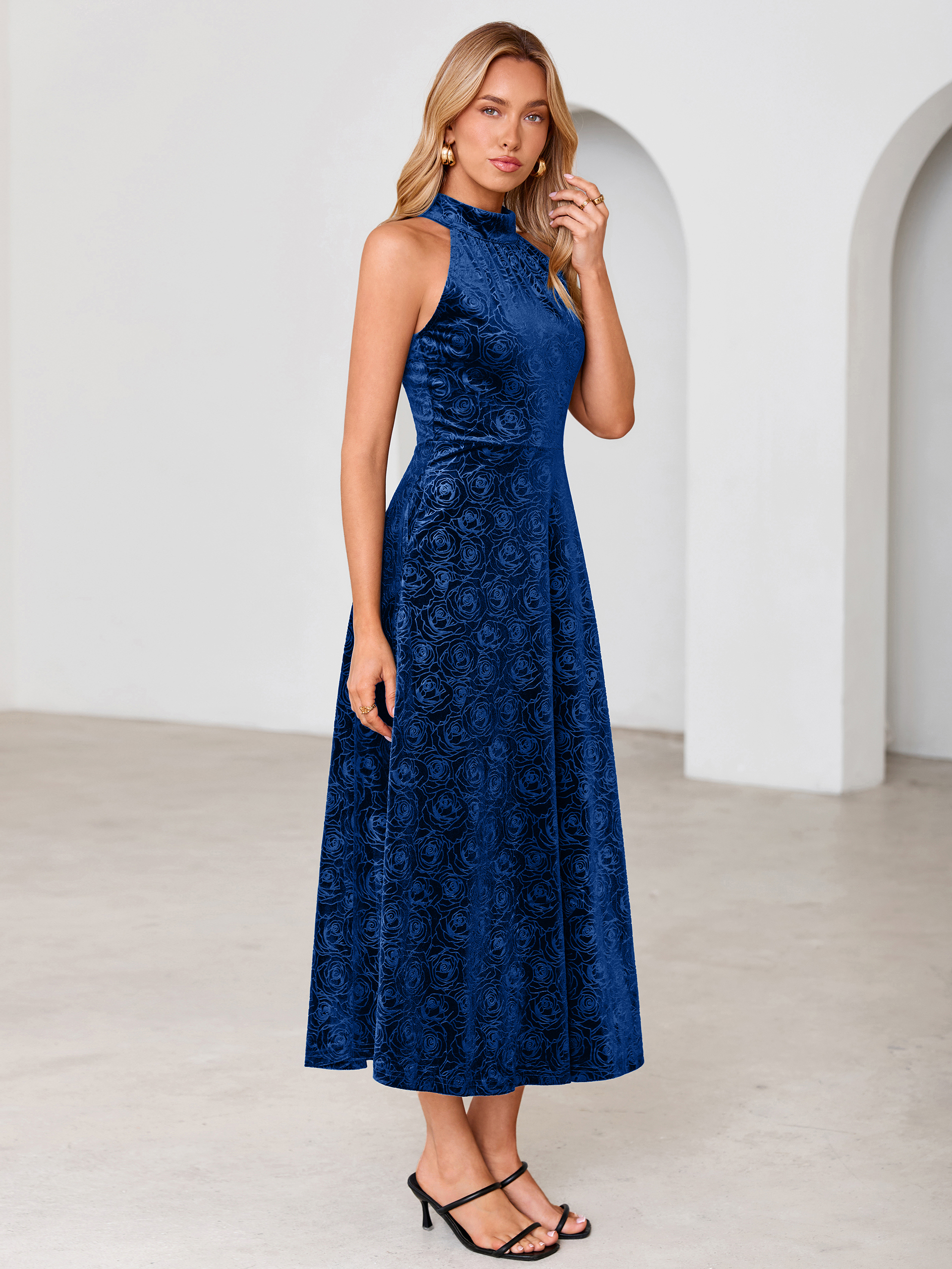 Luxurious Halter Neck Embossed Velvet Maxi Dress
